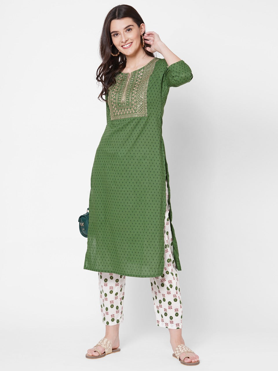 Ethnic Printed & Zari Embroidered Kurta With Block Printed Pant - Green