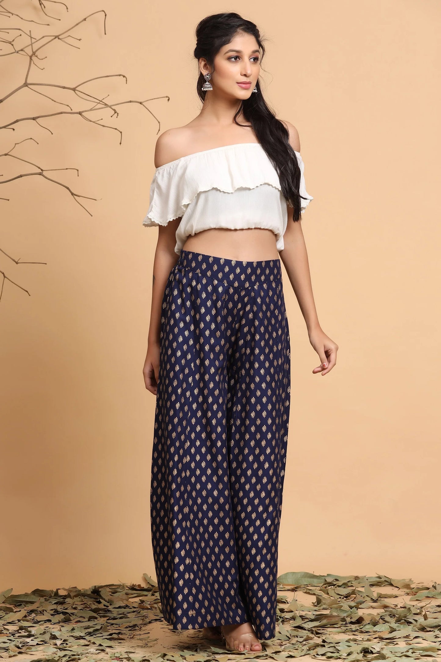 Navy Blue Ethnic Motif Printed Rayon Flared Women Palazzo With One Pocket