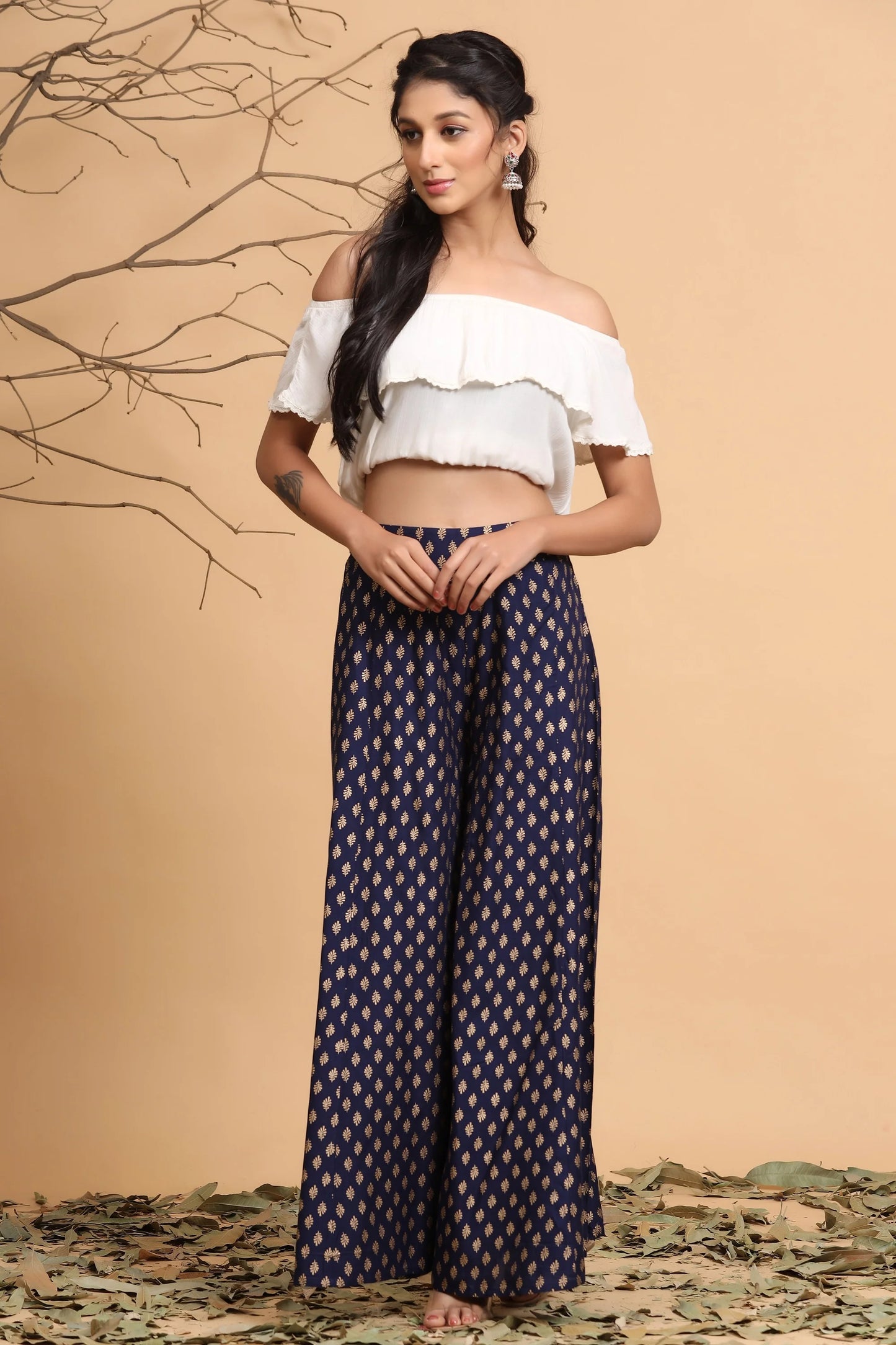 Navy Blue Ethnic Motif Printed Rayon Flared Women Palazzo With One Pocket