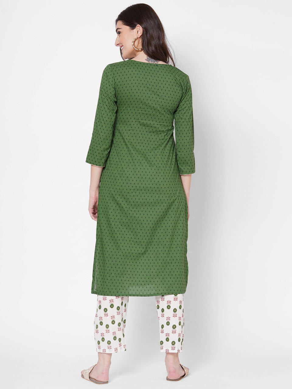 Ethnic Printed & Zari Embroidered Kurta With Block Printed Pant - Green