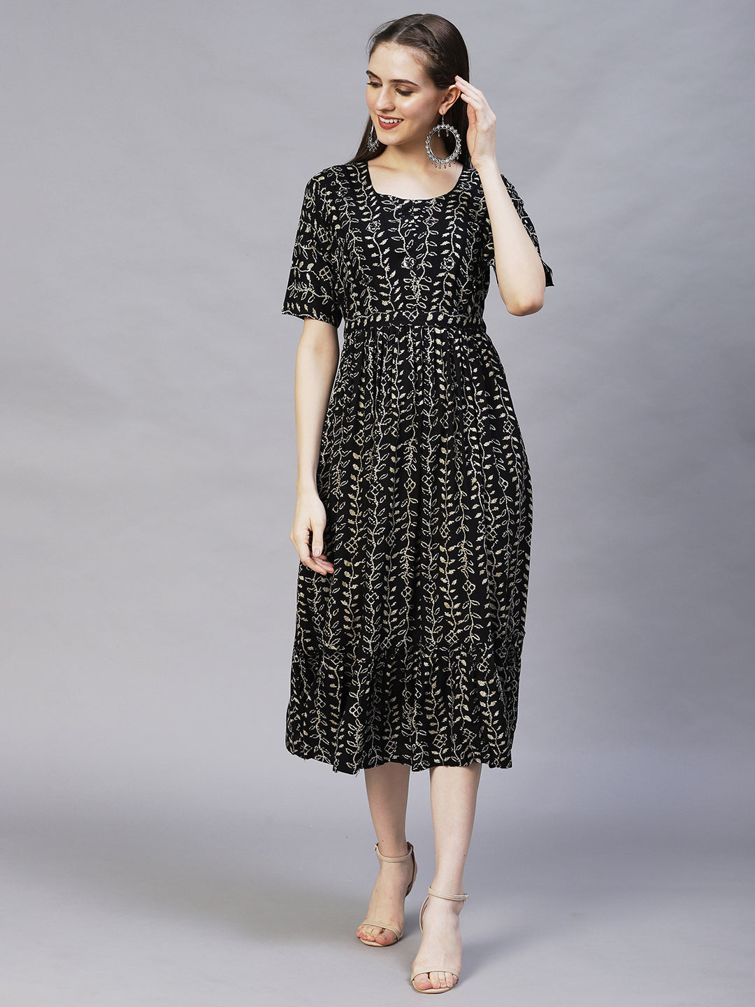 Ethnic Printed & Embroidered A-Line Midi Dress - Black