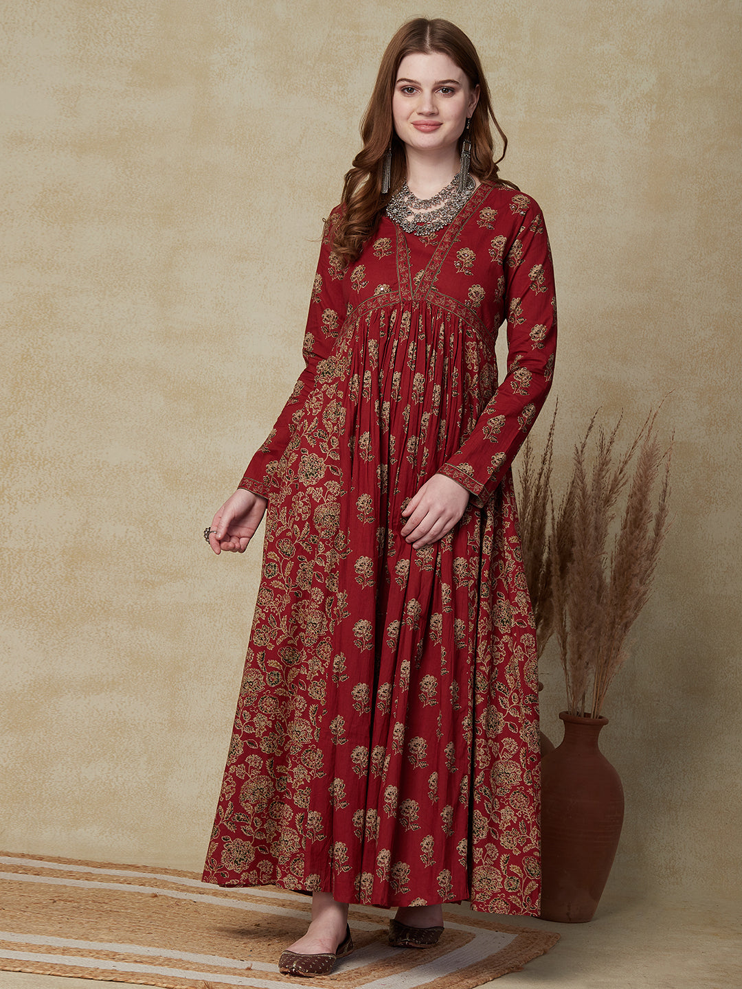 Floral Ethnic Printed & Embroidered A-Line Pleated Maxi Dress - Maroon