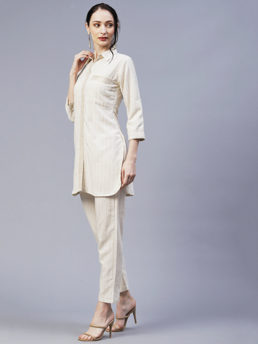 Woven Striped Sequins & Resham Embroidered Lace Ornamented Shirt With Pants - Off-White