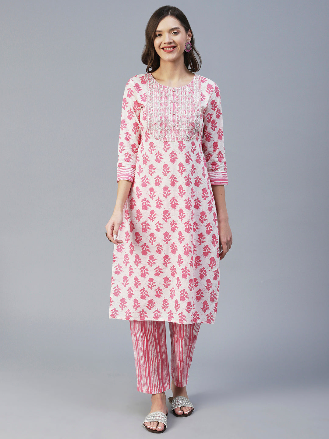 Floral Printed Mirror & Zari Embroidered Kurta With Striped Pants - Pink