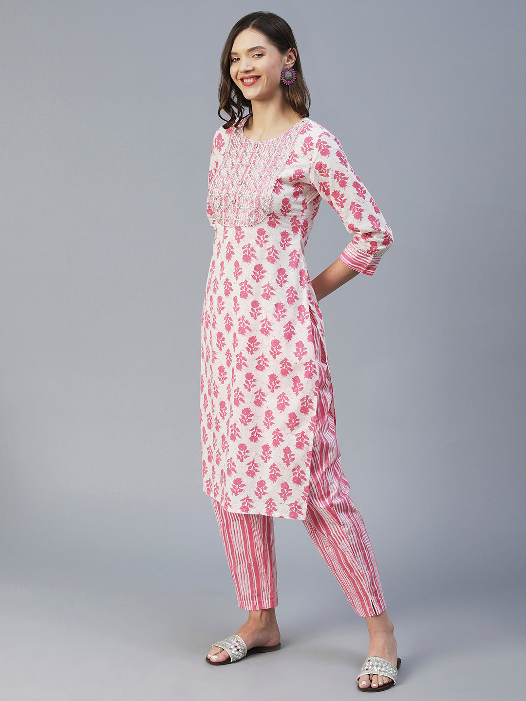 Floral Printed Mirror & Zari Embroidered Kurta With Striped Pants - Pink