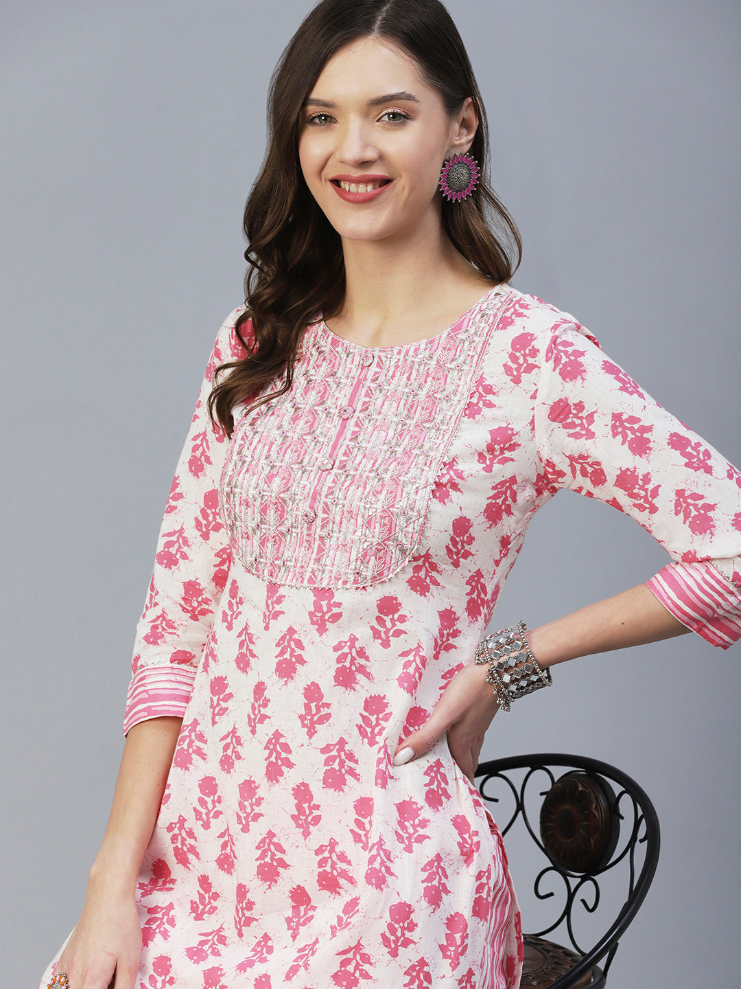 Floral Printed Mirror & Zari Embroidered Kurta With Striped Pants - Pink