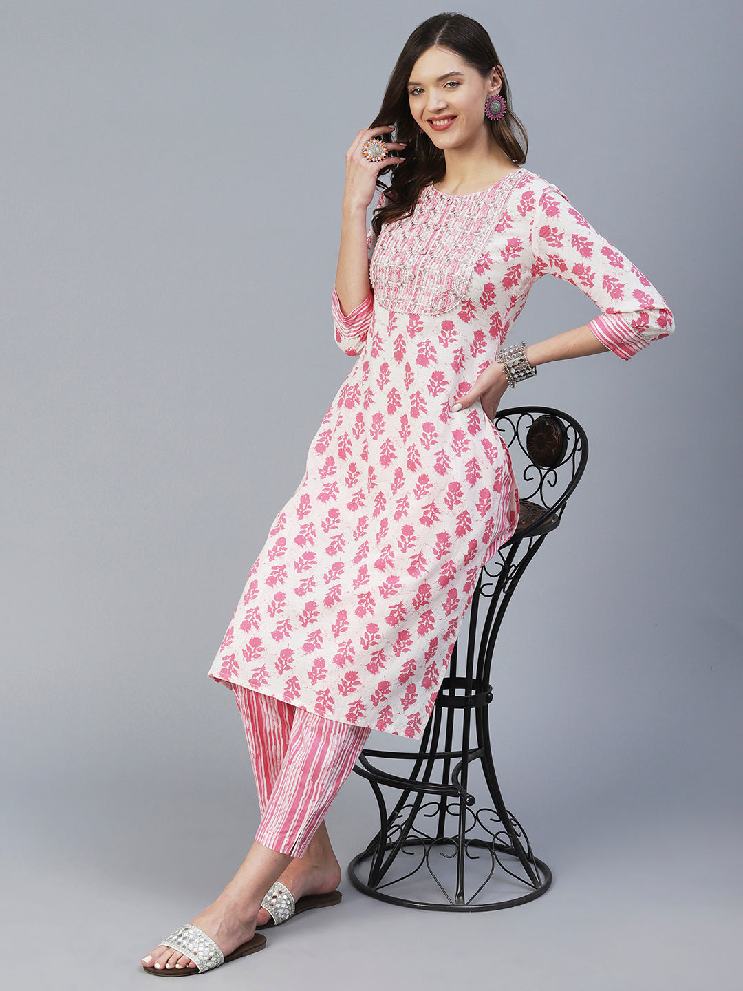Floral Printed Mirror & Zari Embroidered Kurta With Striped Pants - Pink