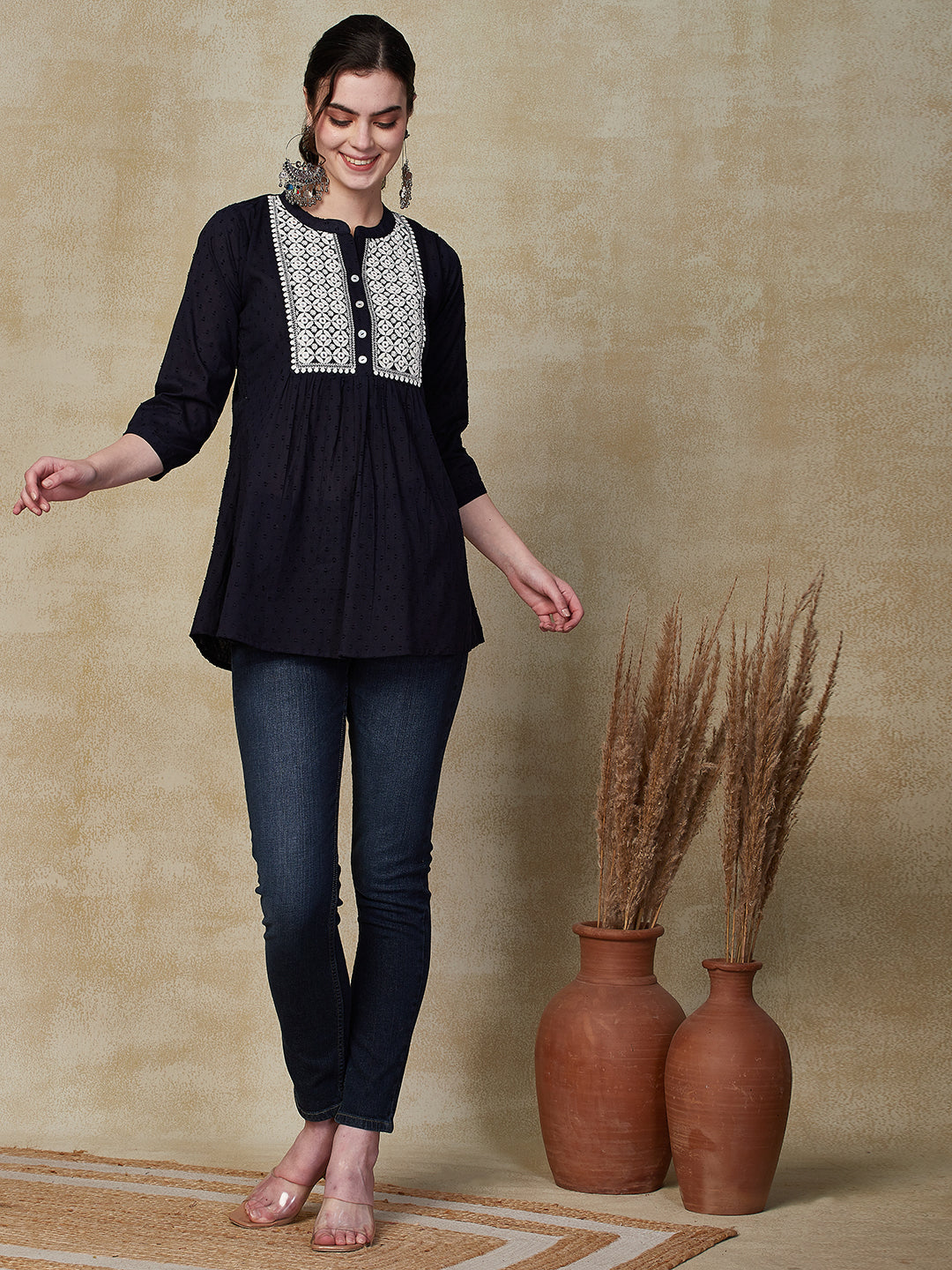 Solid Mirror & Resham Embroidered Short Kurti - Navy Blue