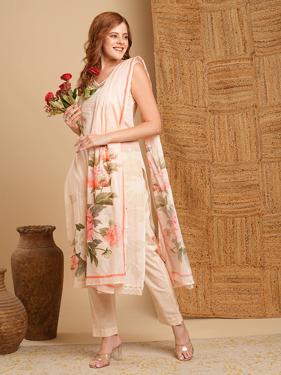 Floral Printed & Embroidered Kurta with Pant & Pure Cotton Dupatta - Peach