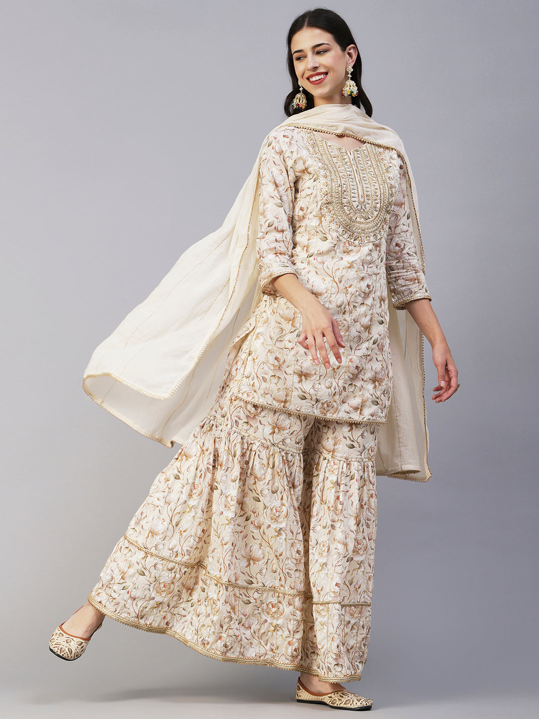 Floral Printed Zari & Resham Embroidered Short Kurta With Sharara & Dupatta - Cream