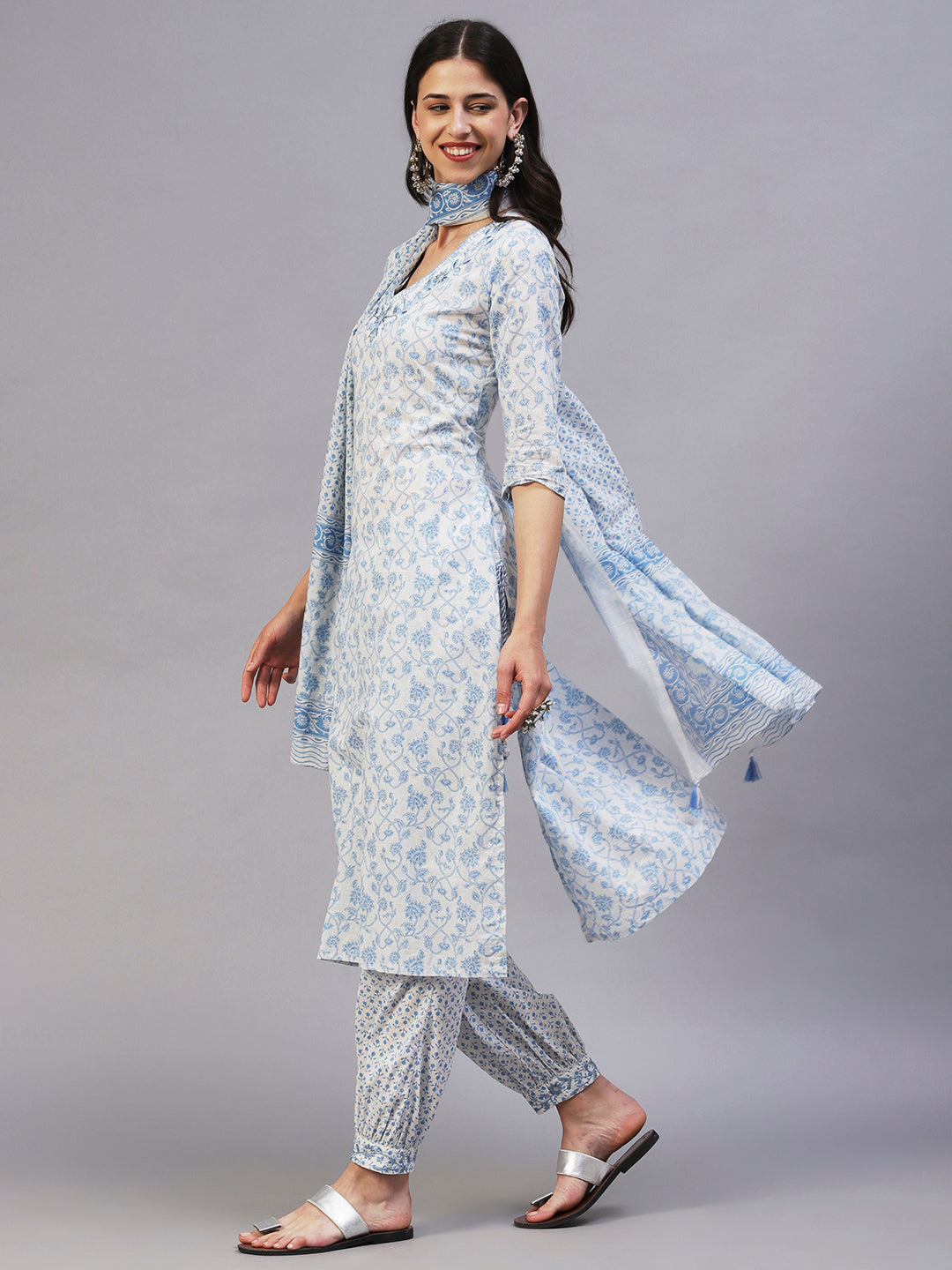Floral Printed & Embroidered Straight Fit Kurta with Pant & Dupatta - Blue