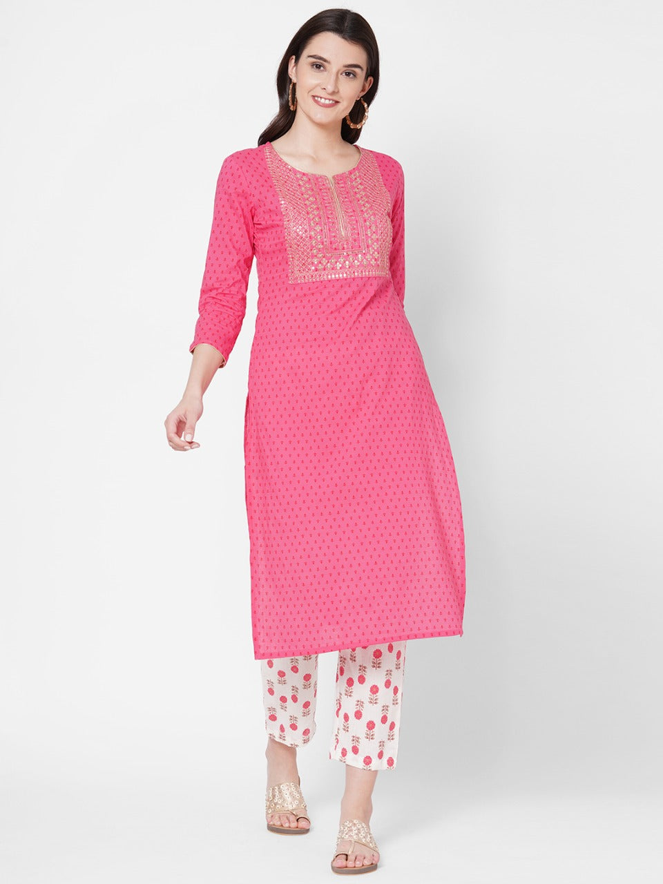 Ethnic Printed & Zari Embroidered Kurta With Block Printed Pant - Pink
