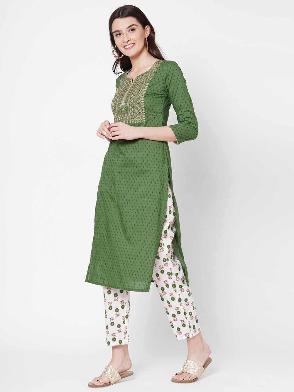 Ethnic Printed & Zari Embroidered Kurta With Block Printed Pant - Green