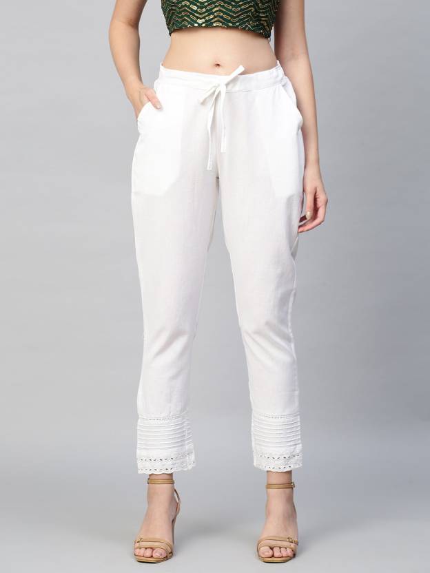 Solid Black Cutwork Ankle Pants - White