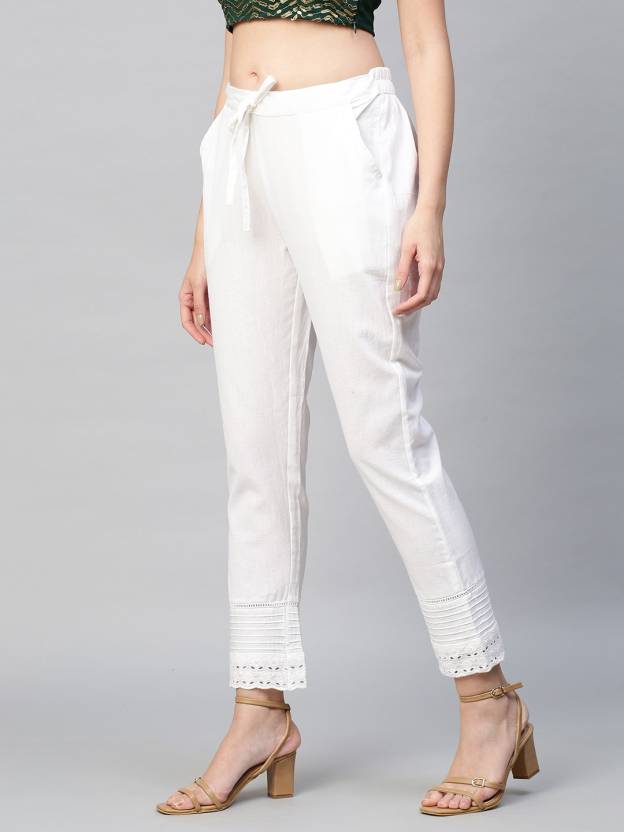 Solid Black Cutwork Ankle Pants - White