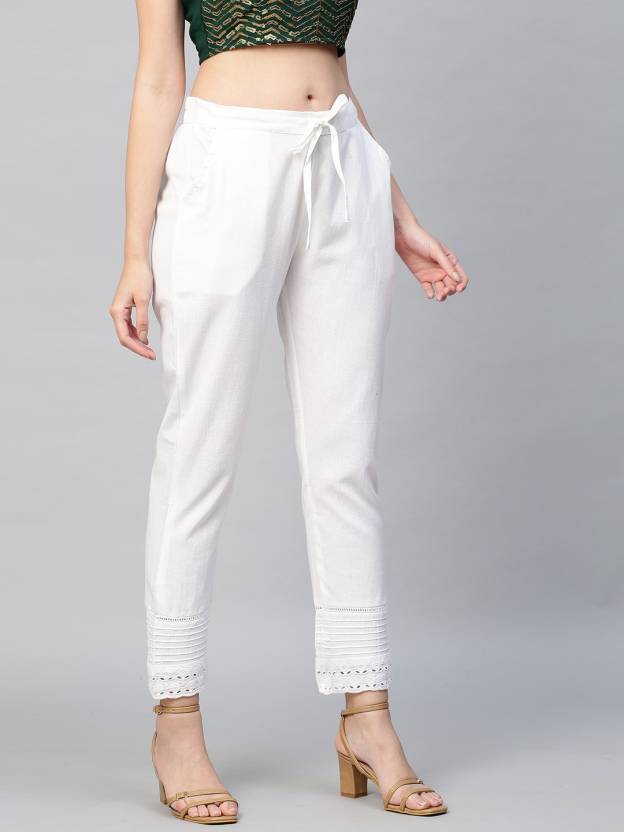 Solid Black Cutwork Ankle Pants - White