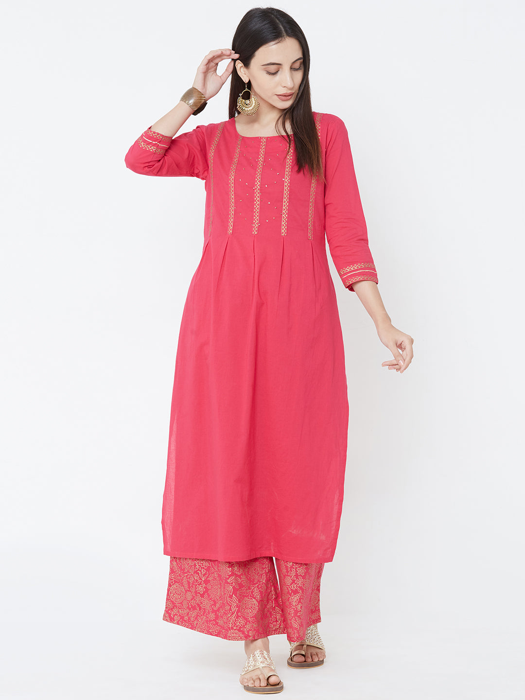 Minimal Foil Printed Kurta with Dense Floral Foil Printed Palazzo - Pink