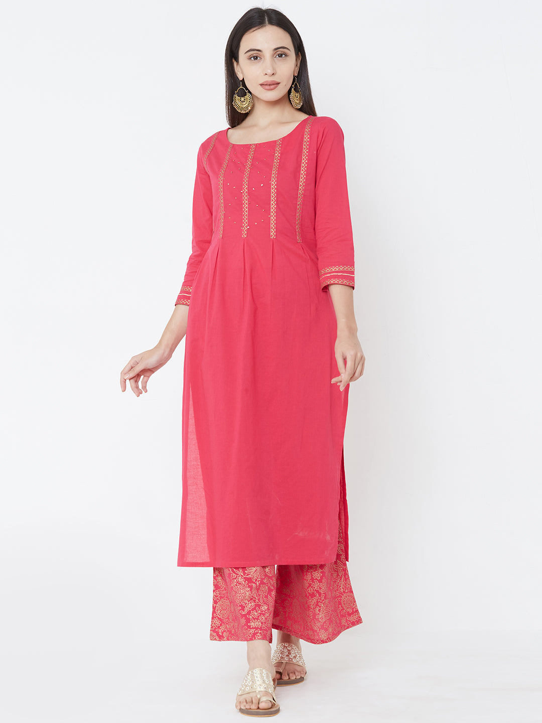 Minimal Foil Printed Kurta with Dense Floral Foil Printed Palazzo - Pink