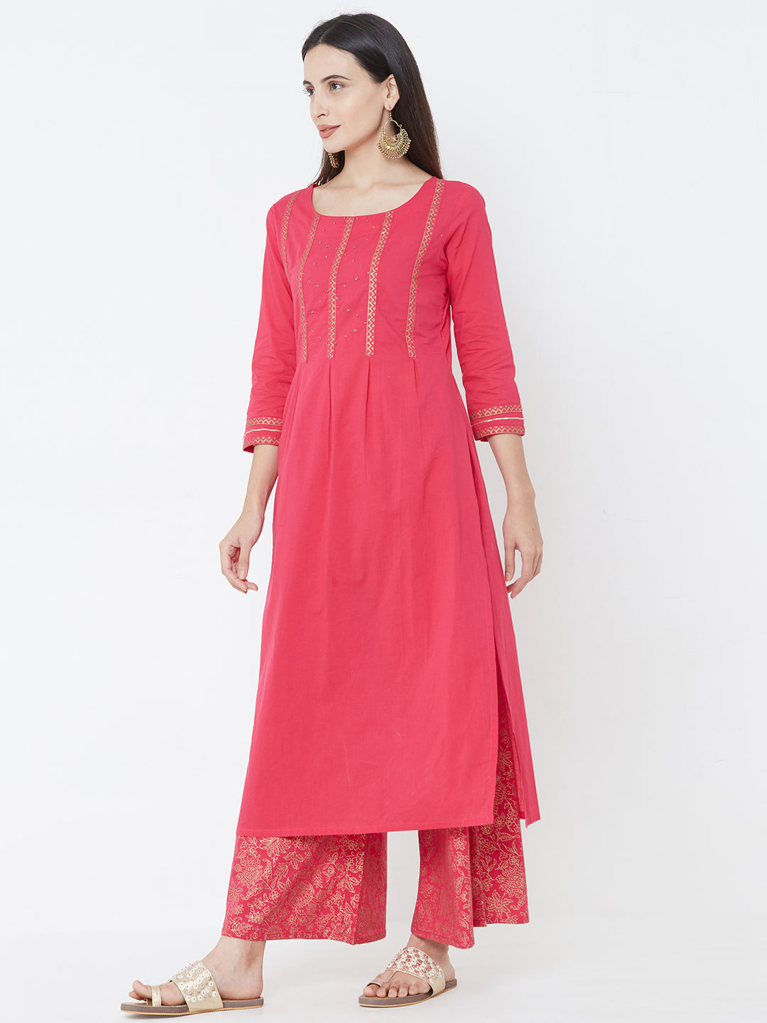 Minimal Foil Printed Kurta with Dense Floral Foil Printed Palazzo - Pink