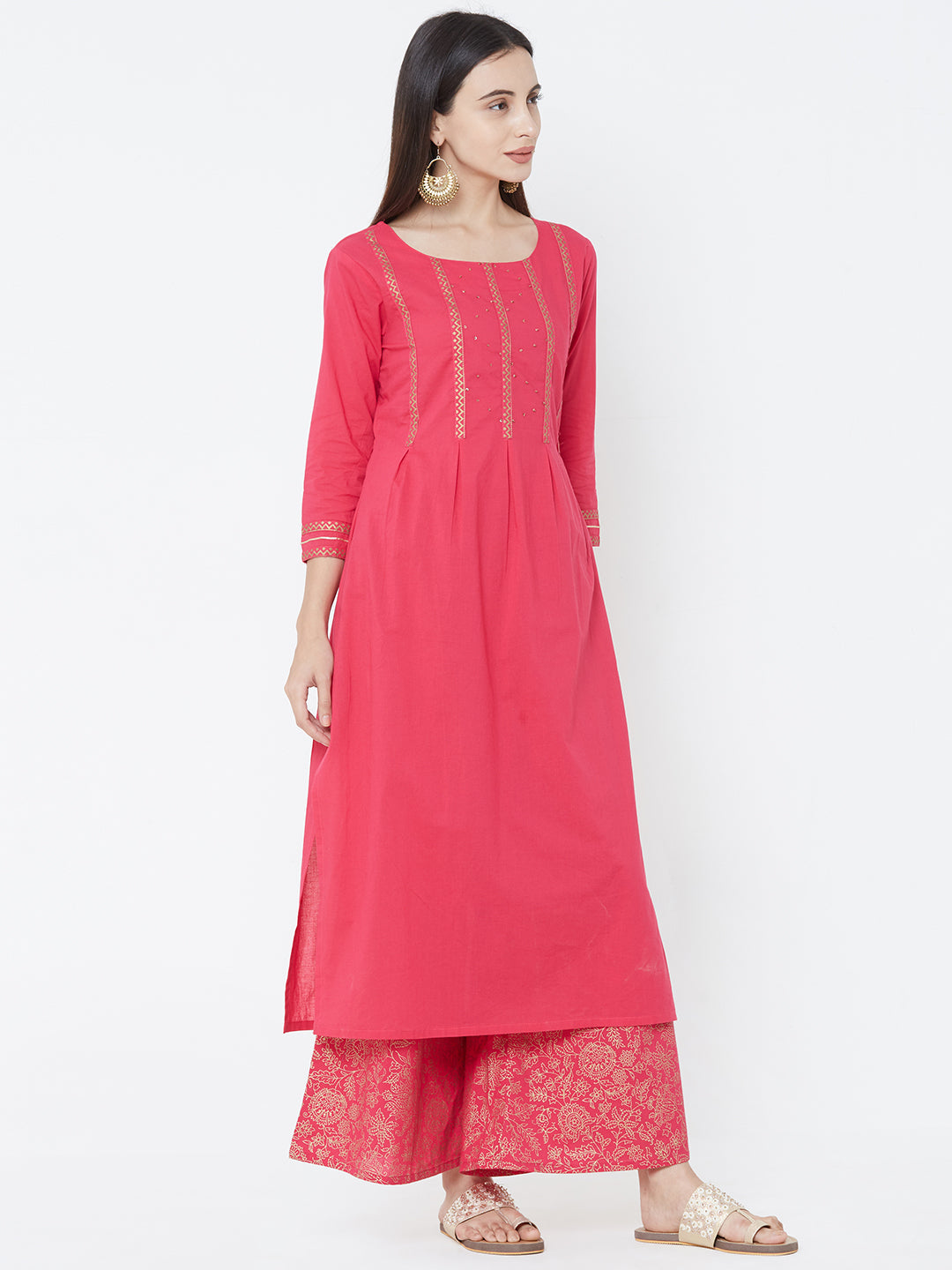 Minimal Foil Printed Kurta with Dense Floral Foil Printed Palazzo - Pink