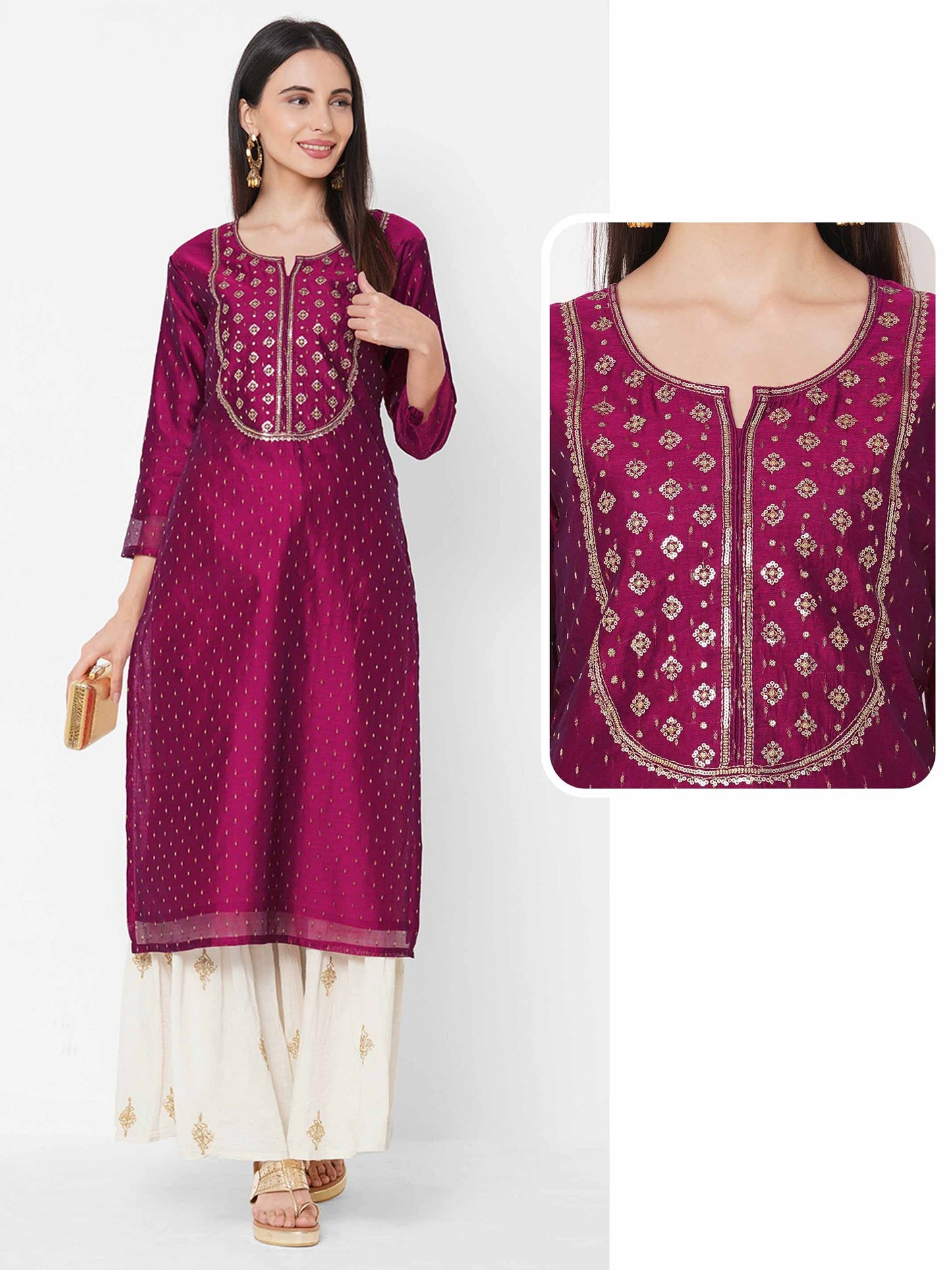 Ethnic Sequin Embellished Straight Kurta - Magenta