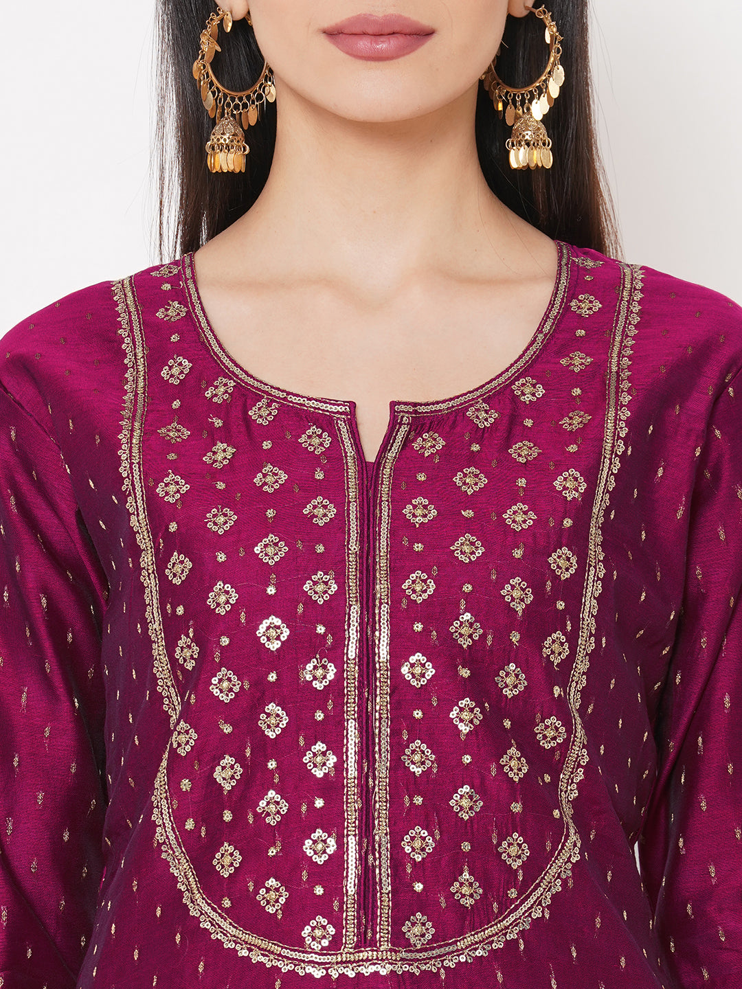 Ethnic Sequin Embellished Straight Kurta - Magenta