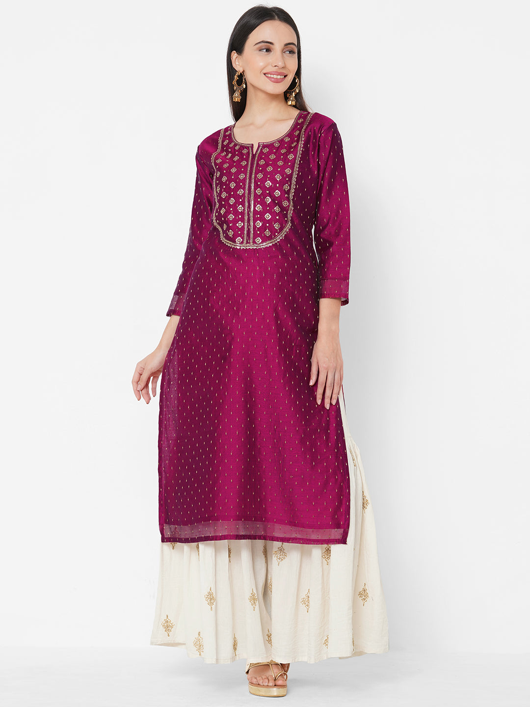 Ethnic Sequin Embellished Straight Kurta - Magenta