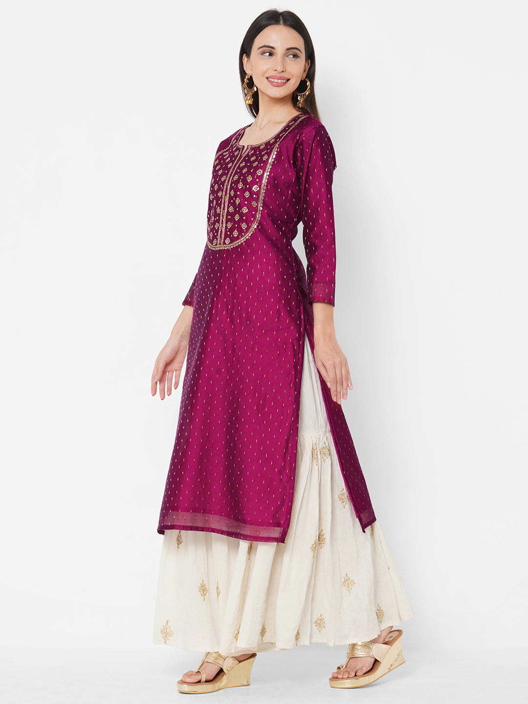 Ethnic Sequin Embellished Straight Kurta - Magenta