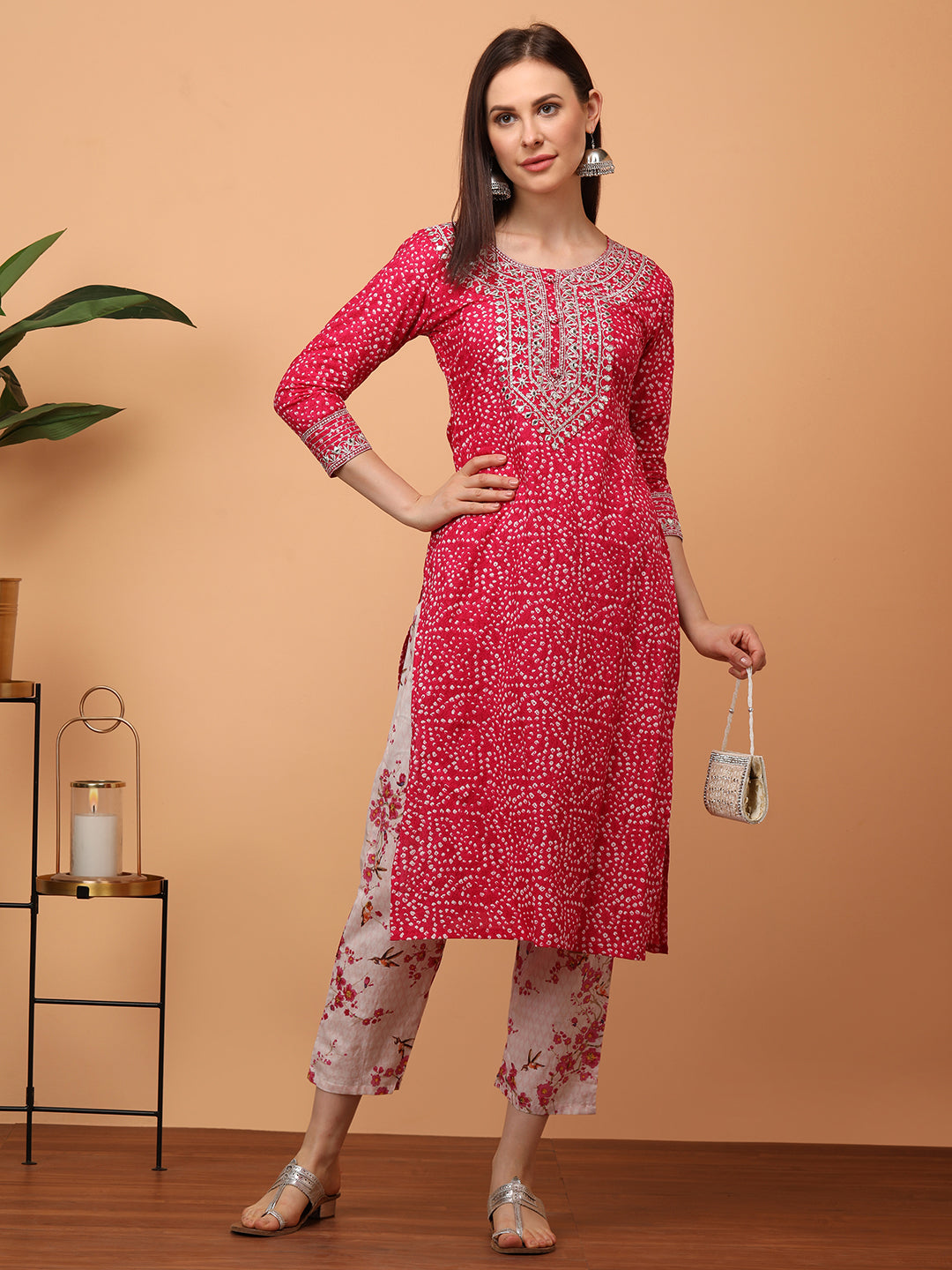 Densely Printed & Zari Embroidered Yoke Kurta with Floral Embroidered Pant - Pink