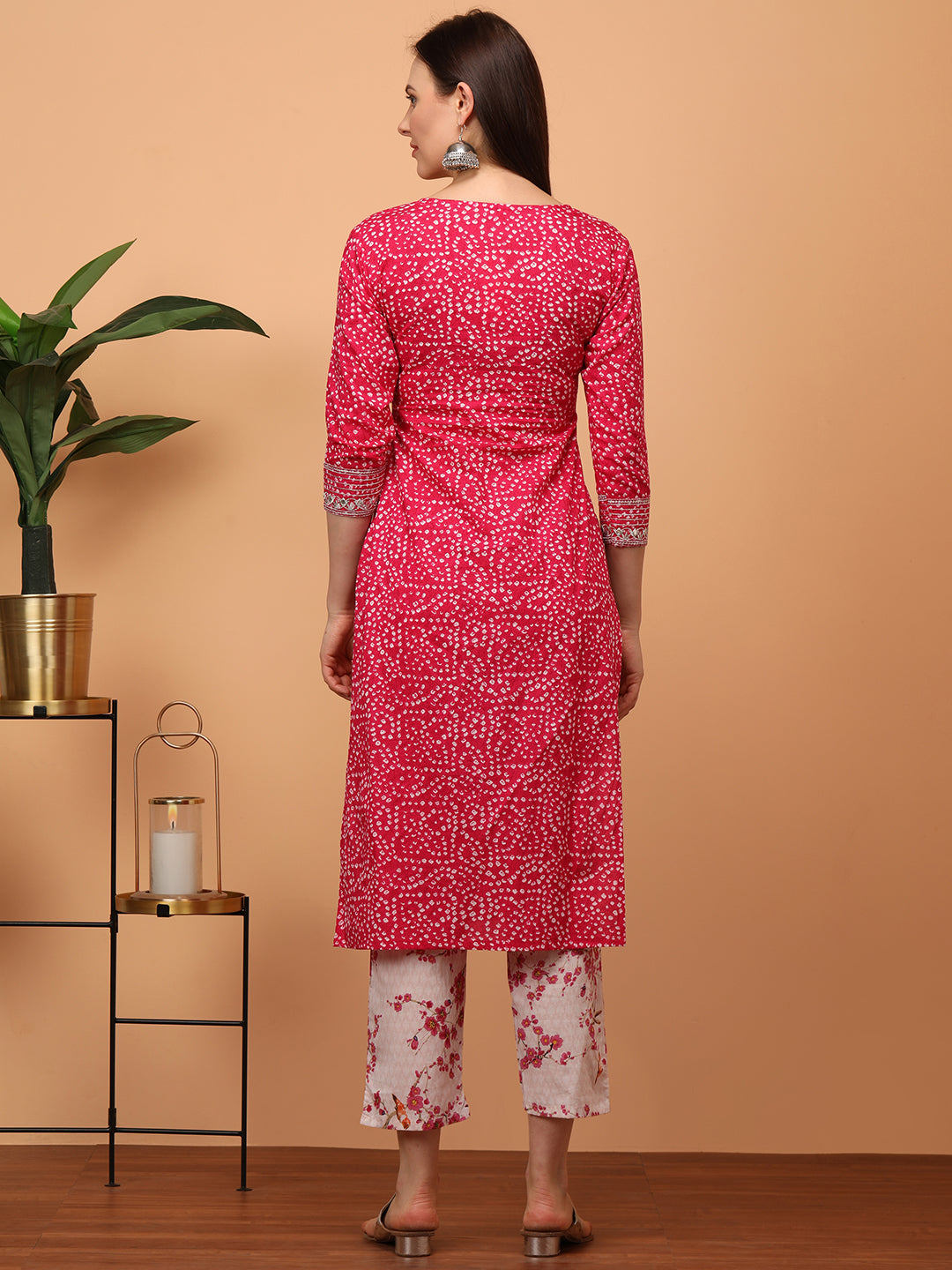 Densely Printed & Zari Embroidered Yoke Kurta with Floral Embroidered Pant - Pink