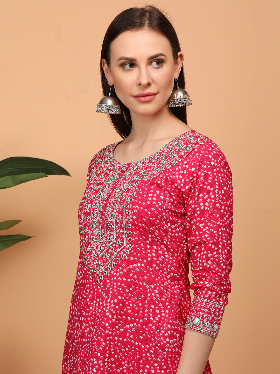 Densely Printed & Zari Embroidered Yoke Kurta with Floral Embroidered Pant - Pink