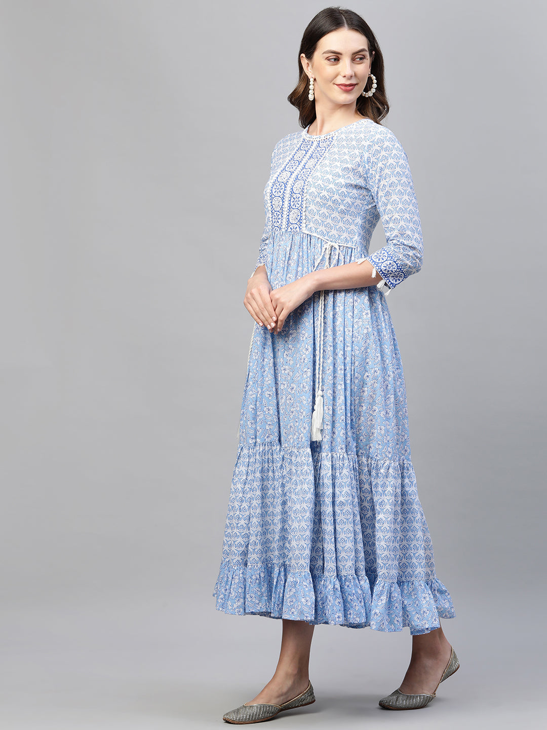Floral Block Printed & Hand Embroidered Tiered Maxi - Sky Blue