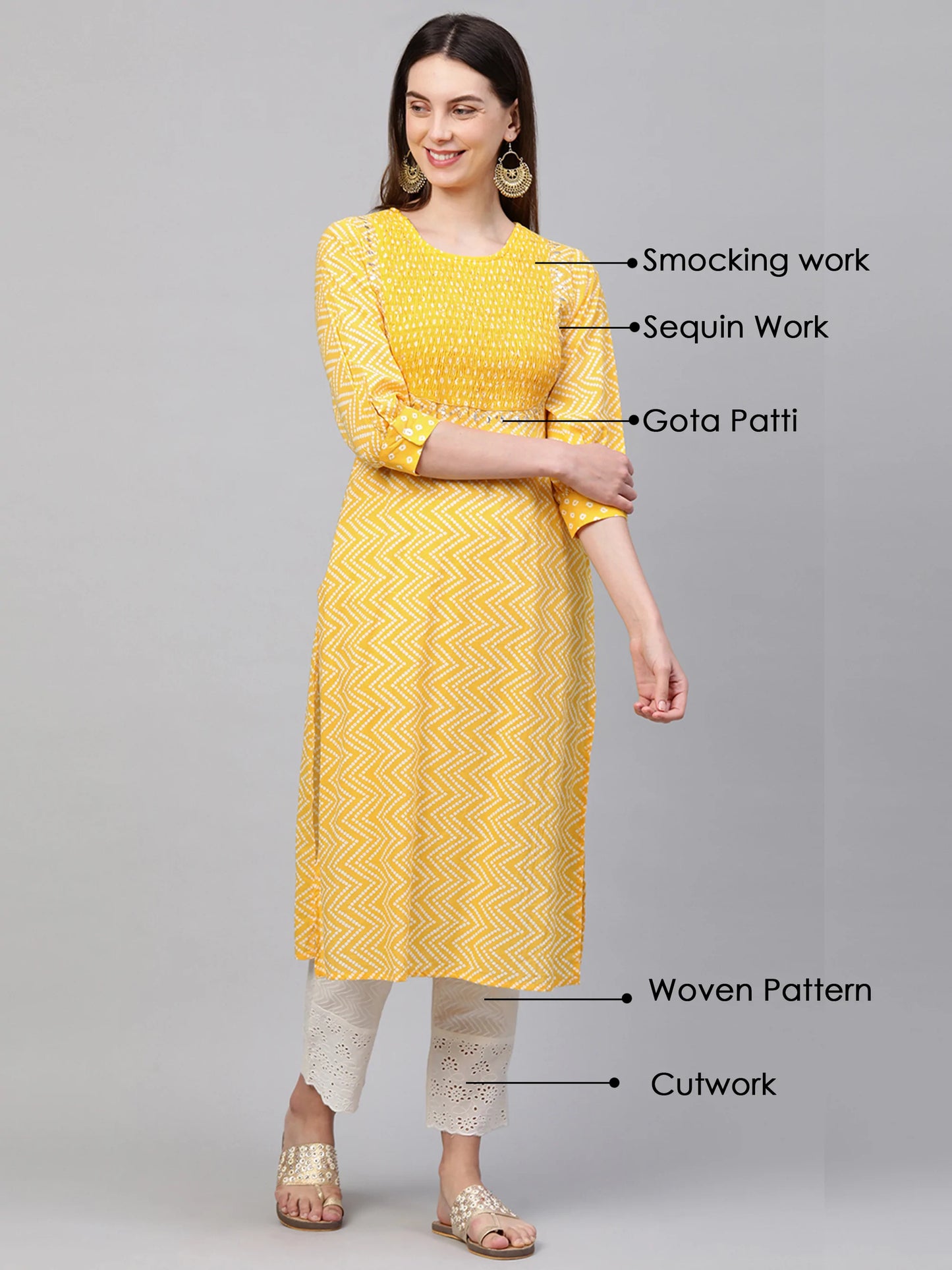 Gota Patti Embroidered & Smocked Bandhani Printed Kurta With Handcrafted Pant - Yellow
