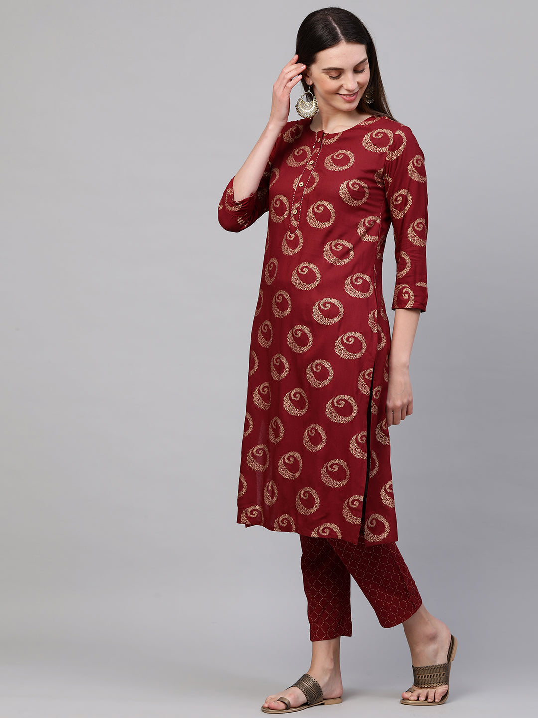 Ethnic Foil Printed Kurta with Lattice Foil Printed Pant - Maroon