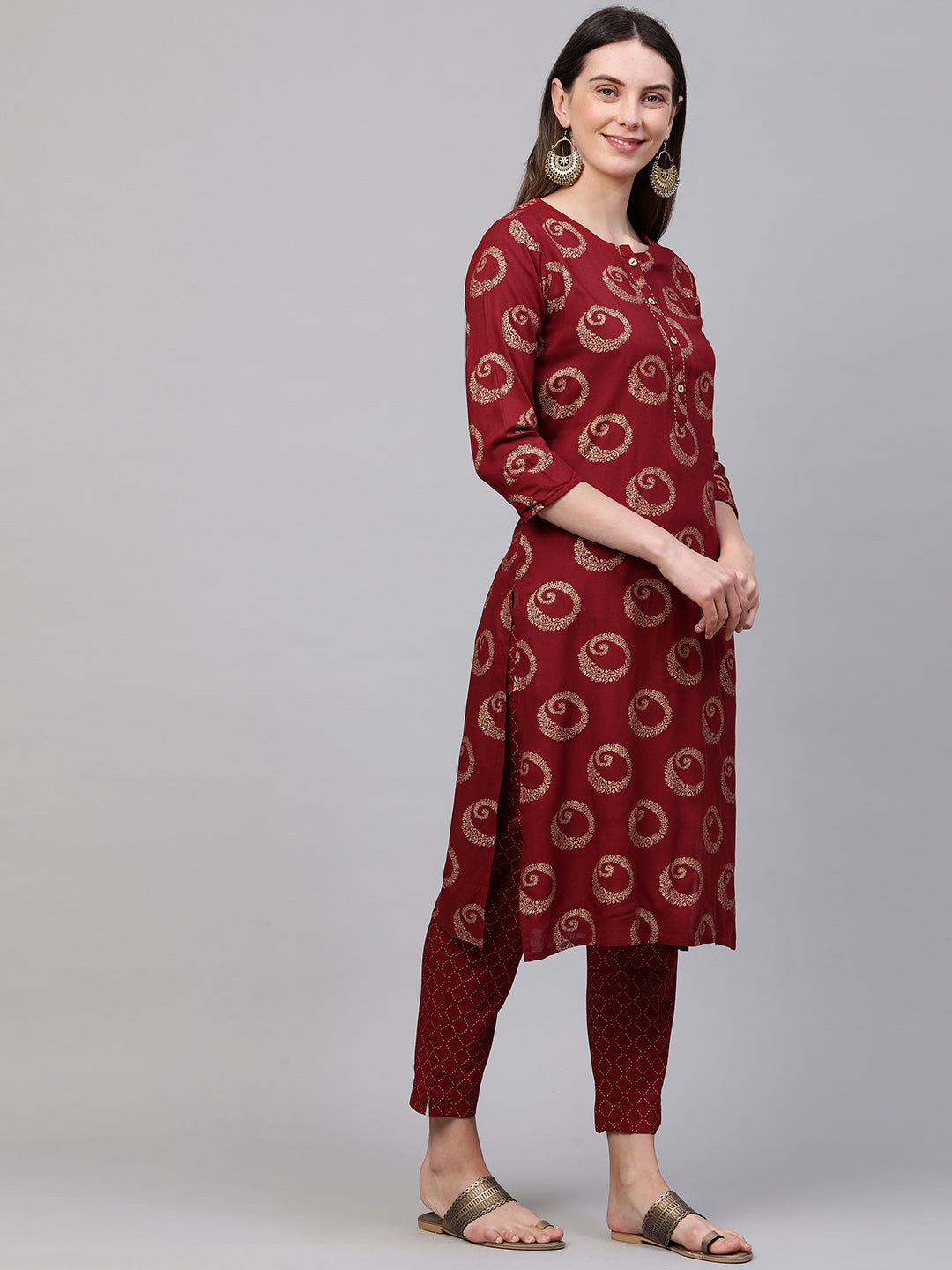 Ethnic Foil Printed Kurta with Lattice Foil Printed Pant - Maroon