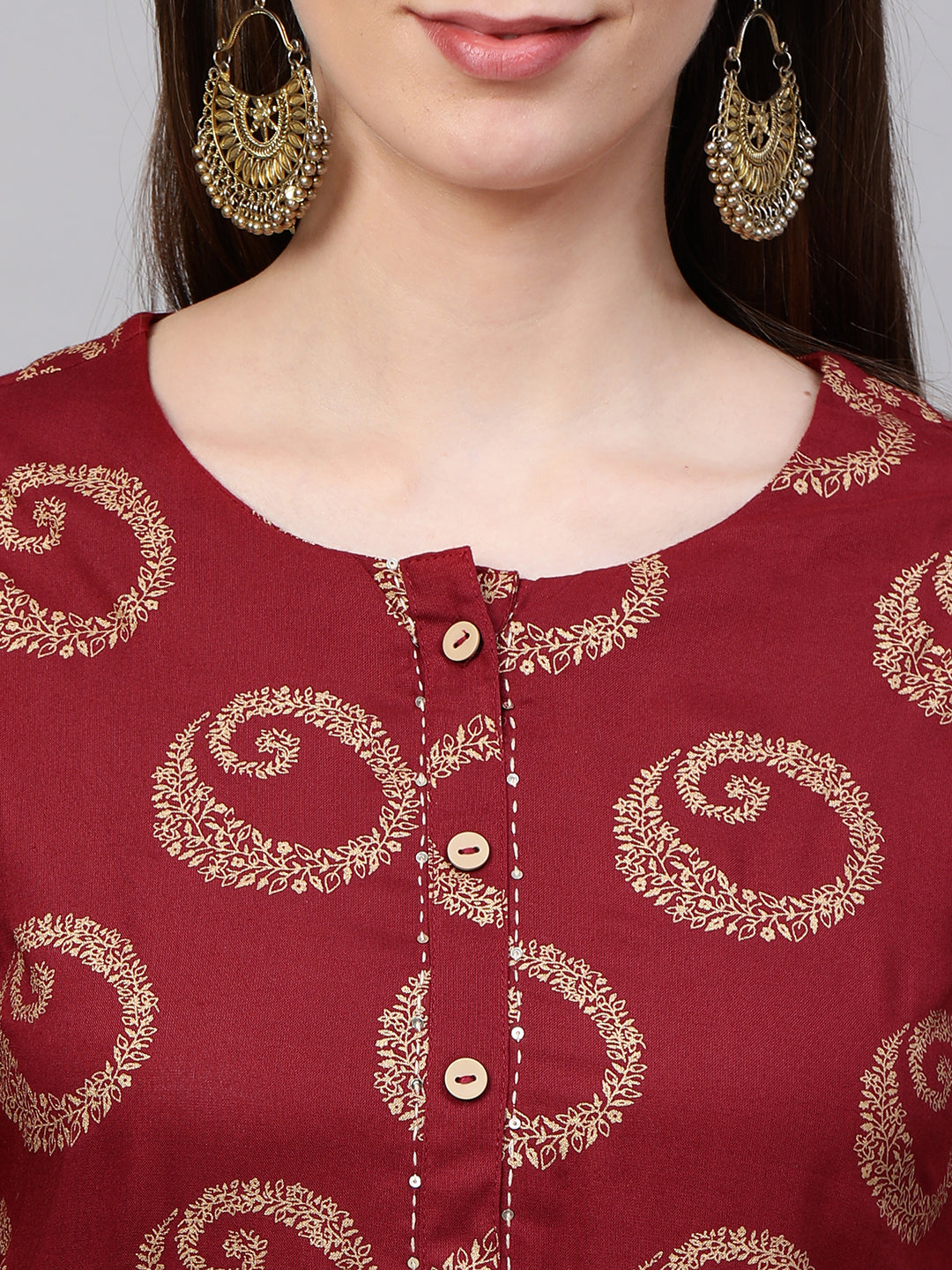 Ethnic Foil Printed Kurta with Lattice Foil Printed Pant - Maroon