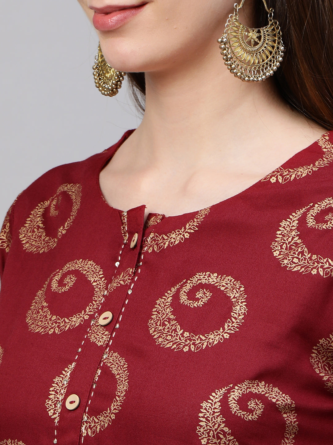 Ethnic Foil Printed Kurta with Lattice Foil Printed Pant - Maroon