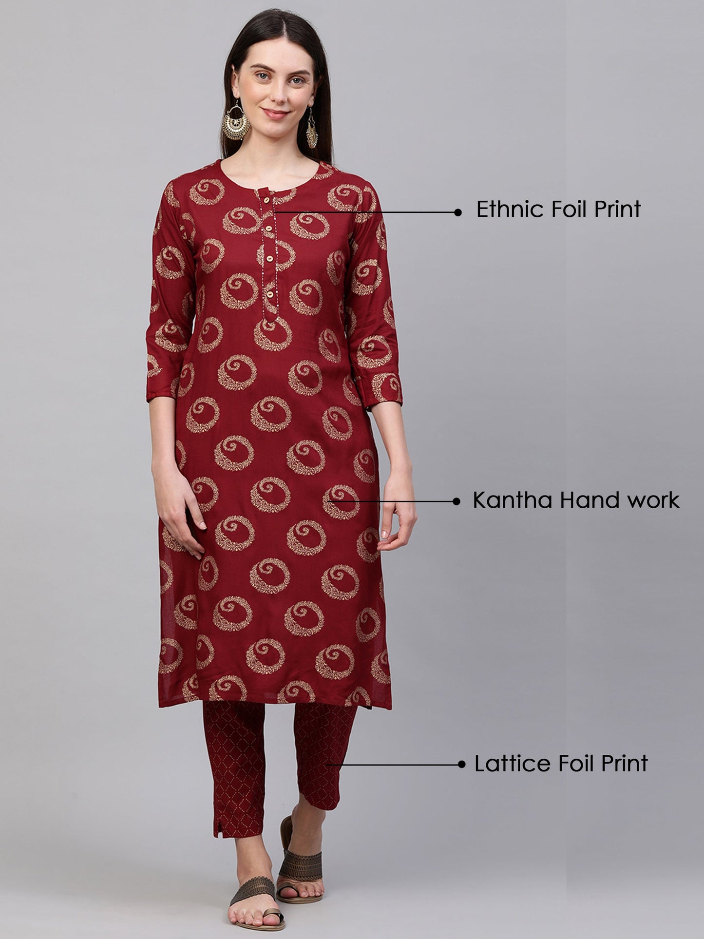 Ethnic Foil Printed Kurta with Lattice Foil Printed Pant - Maroon