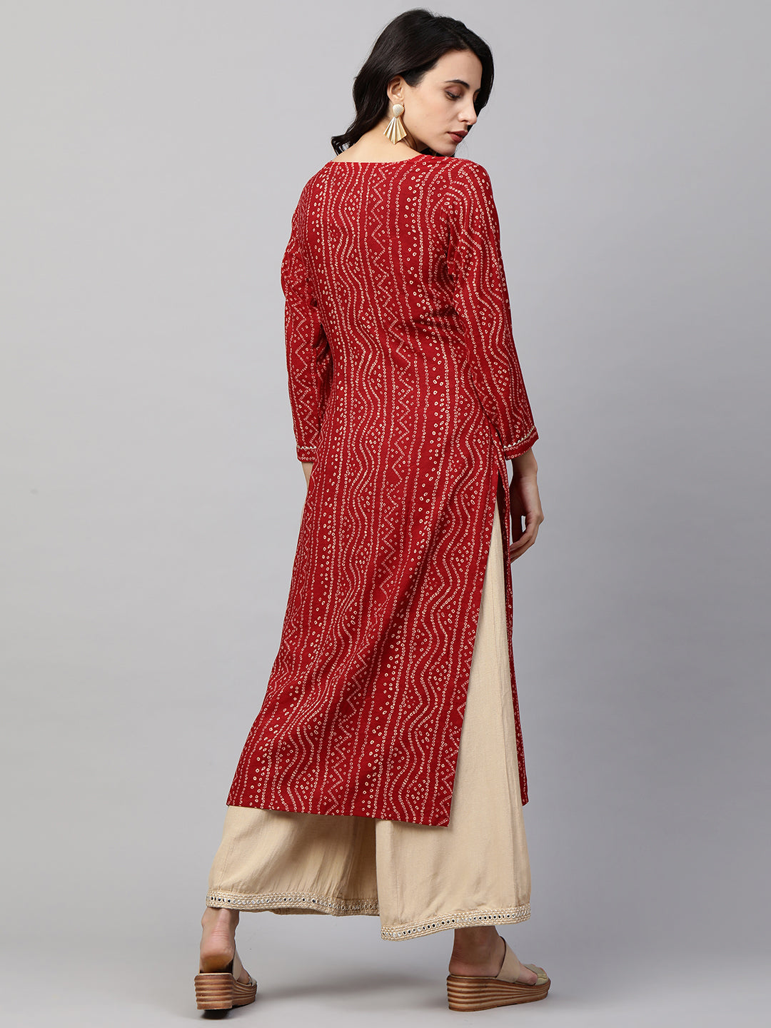 Bandhani Printed & Sequin Embroidered Straight Kurta - Red