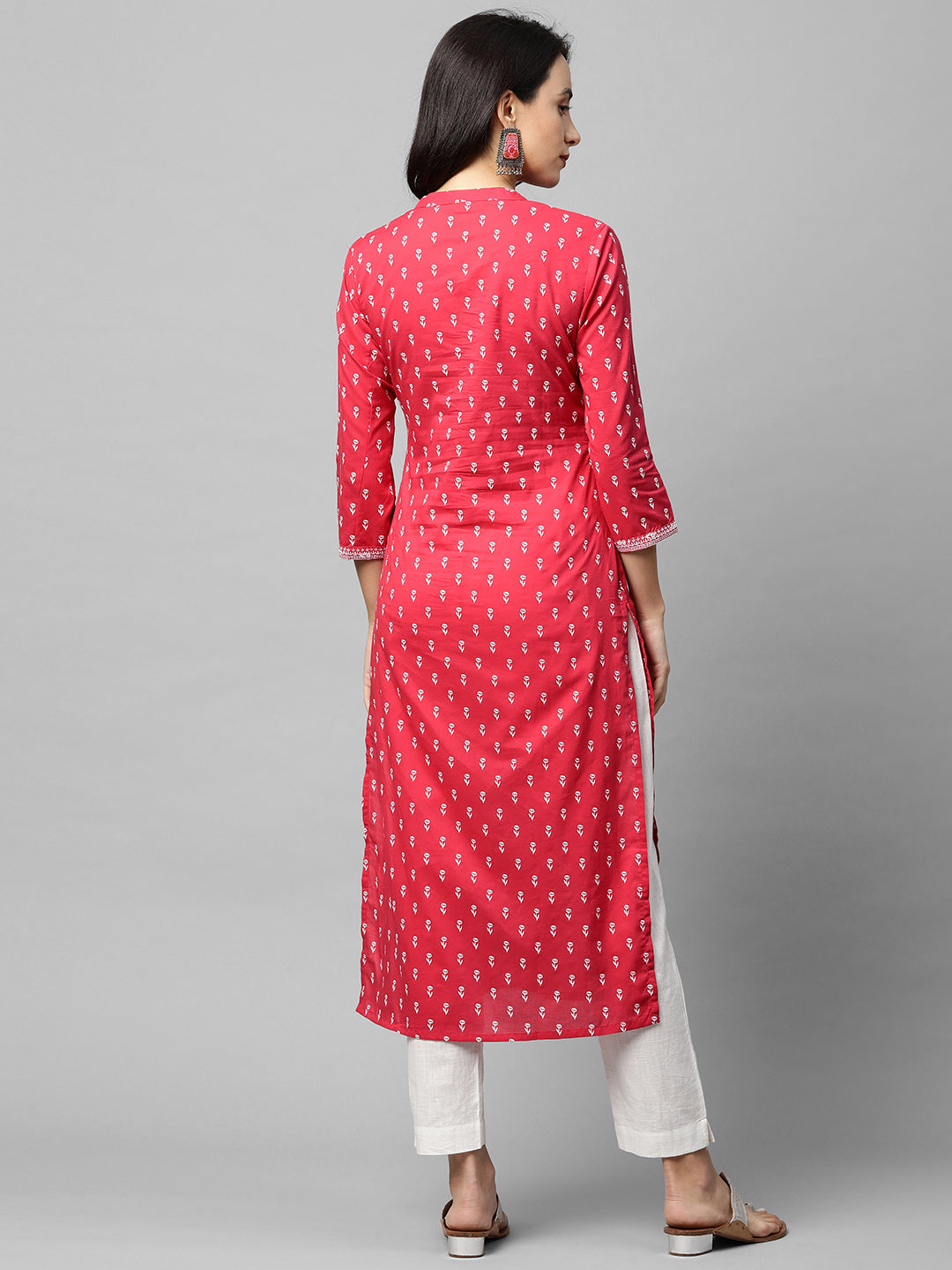 Floral Khari Printed & Embroidered Straight Kurta - Crimson Pink