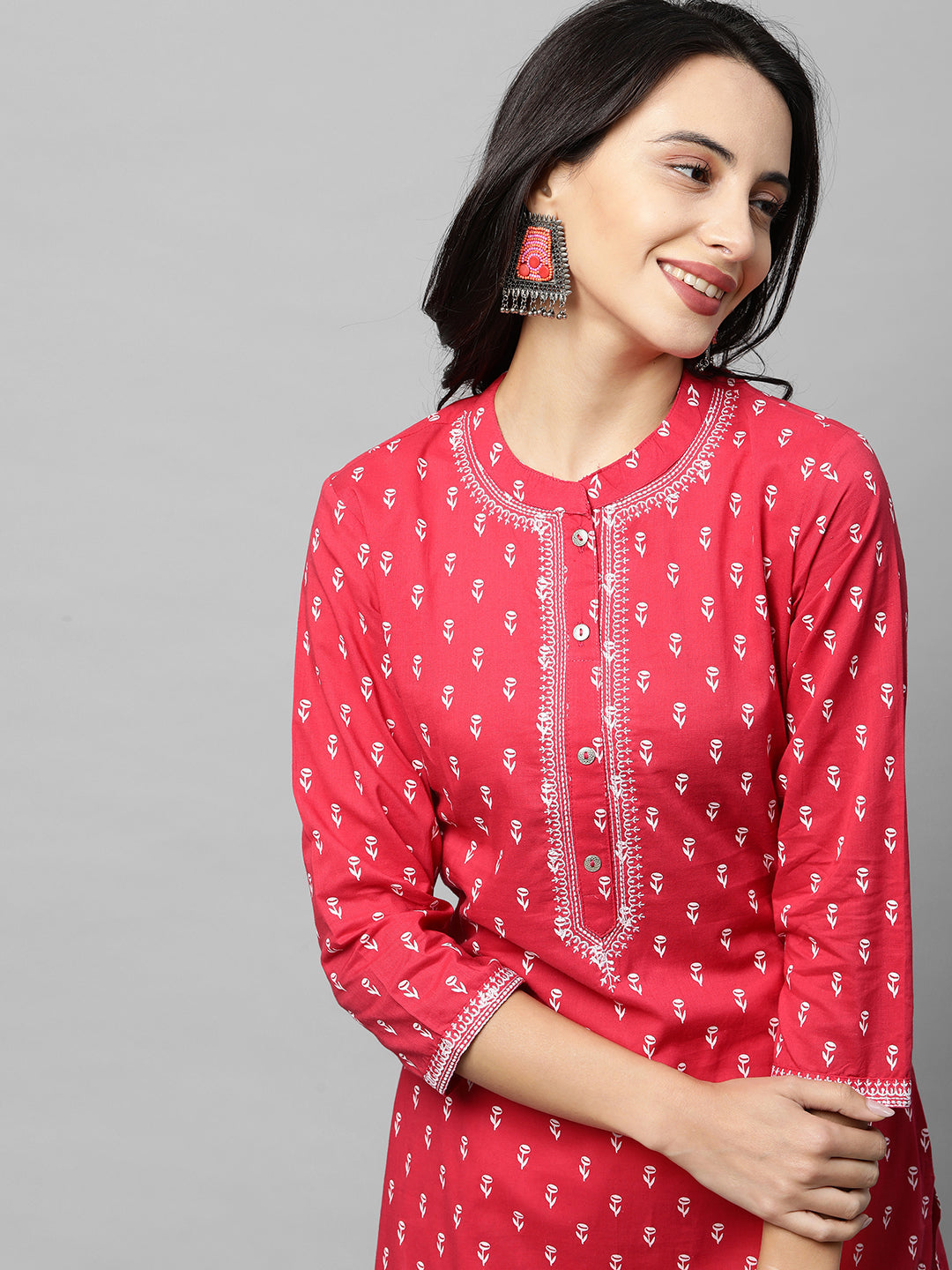 Floral Khari Printed & Embroidered Straight Kurta - Crimson Pink