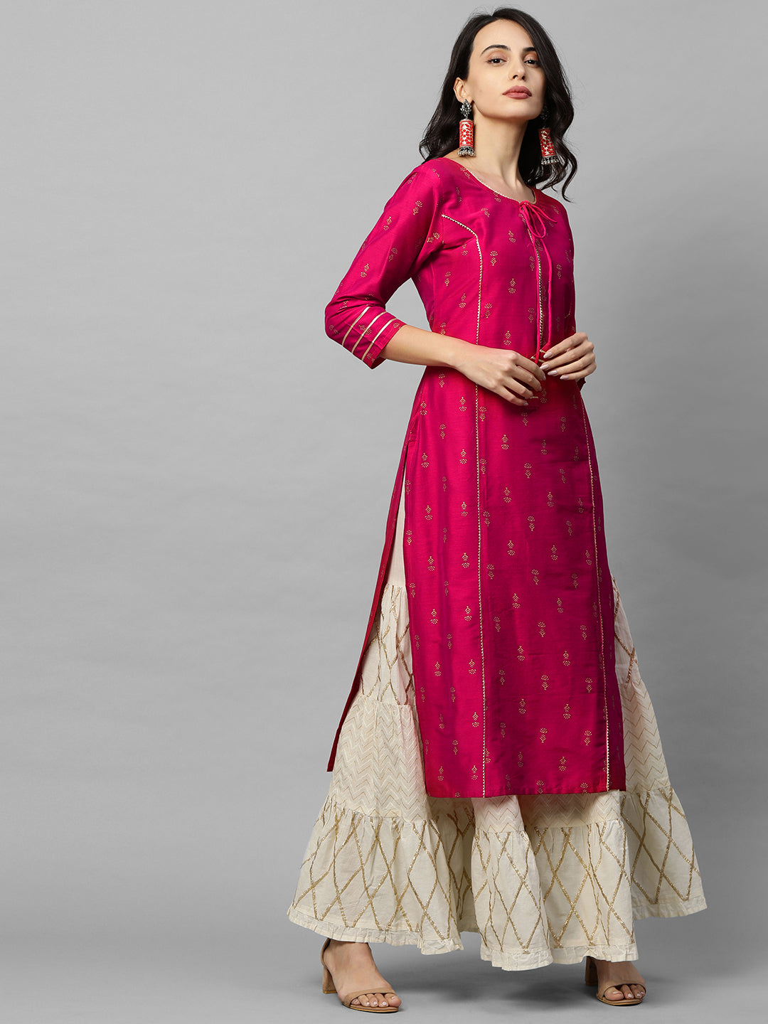 Ethnic Foil Printed & Gota Embroidered Kurta - Magenta Pink