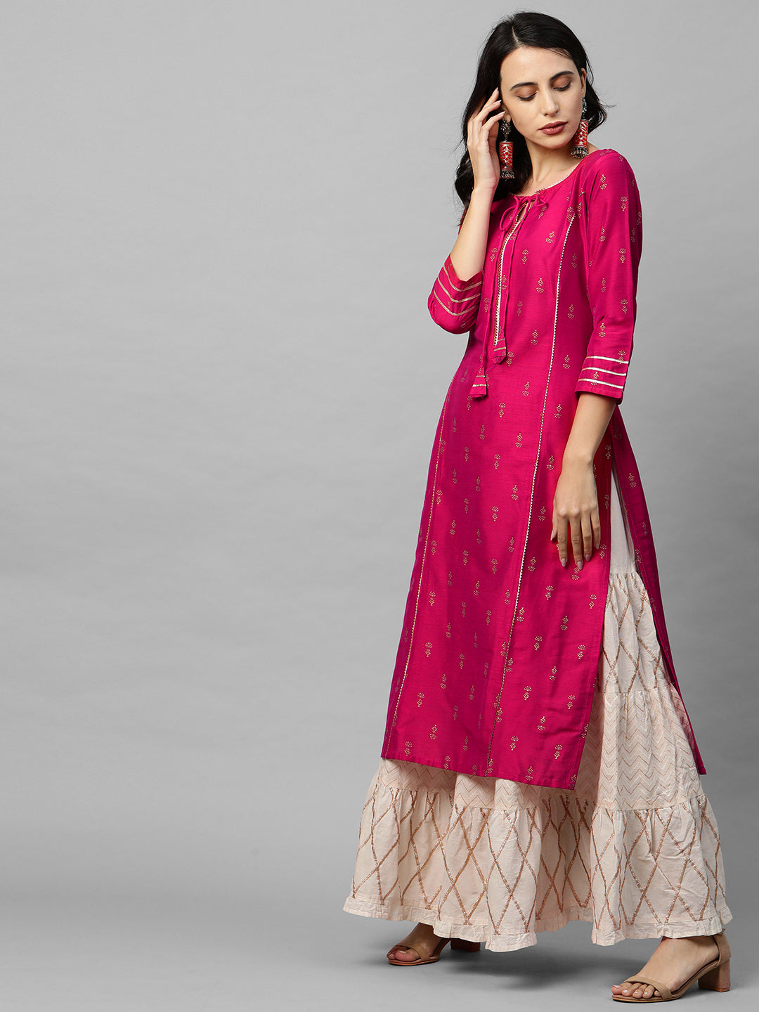 Ethnic Foil Printed & Gota Embroidered Kurta - Magenta Pink