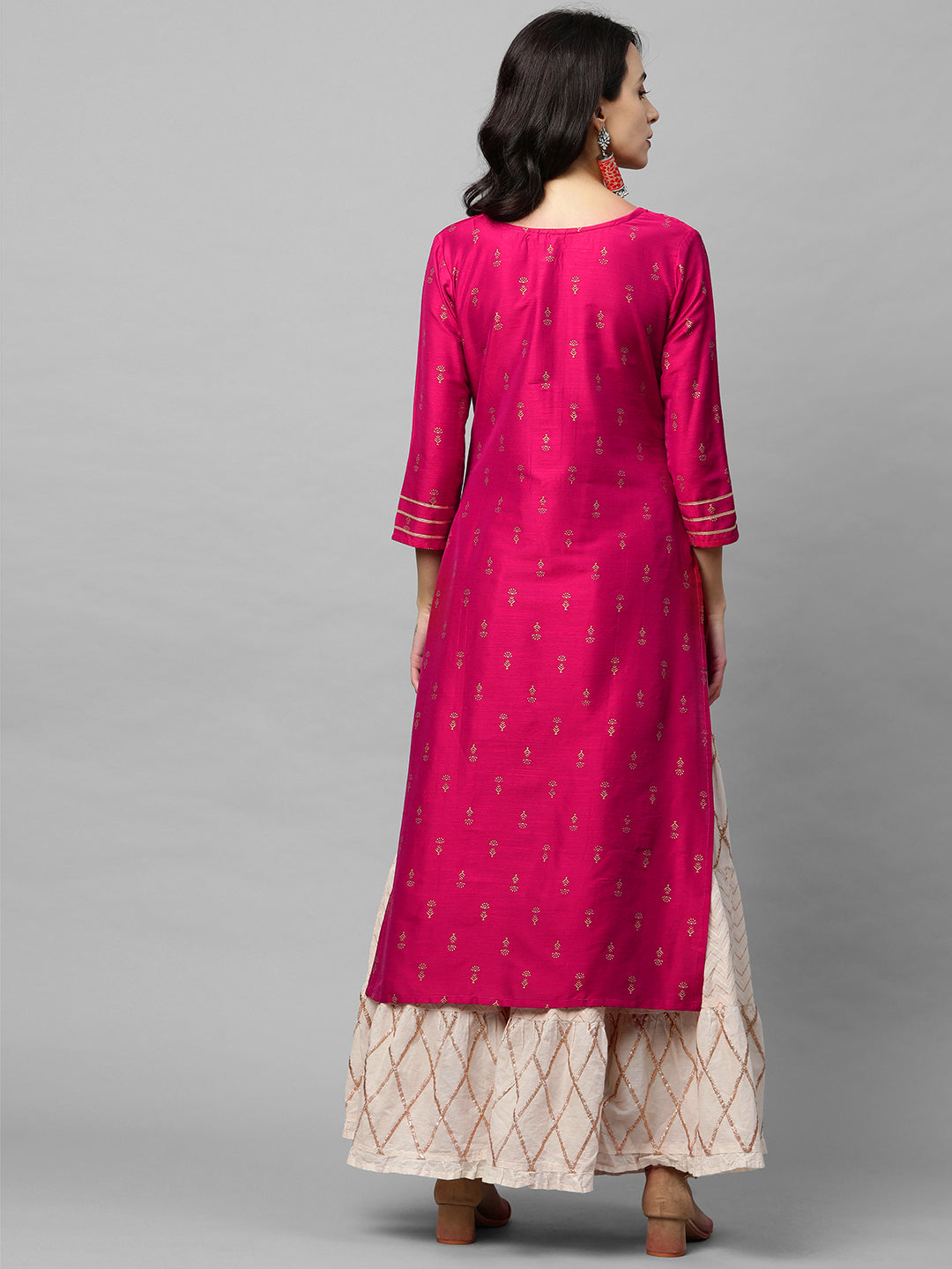 Ethnic Foil Printed & Gota Embroidered Kurta - Magenta Pink