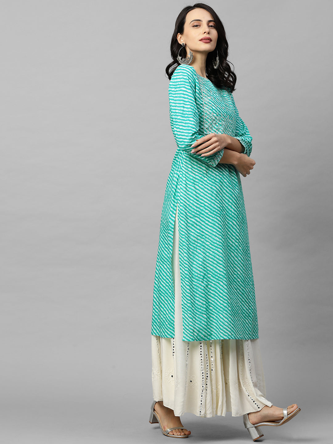 Leheriya Printed & Zari Embroidered Straight Kurta - Sea Green