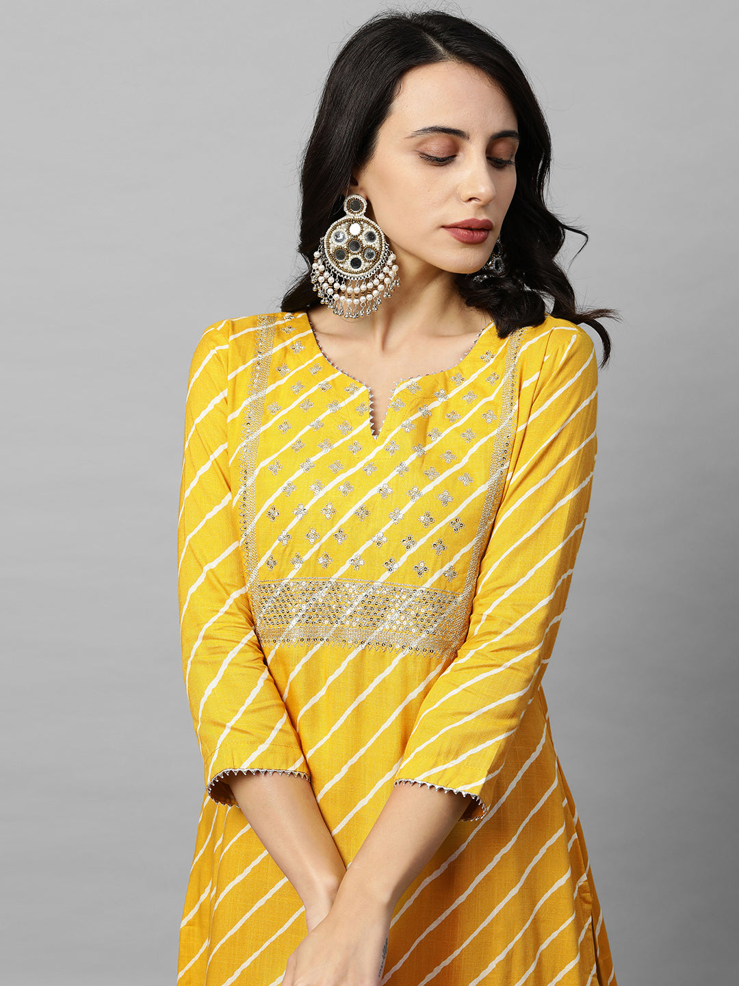 Leheriya Printed & Zari Embroidered Straight Kurta - Yellow