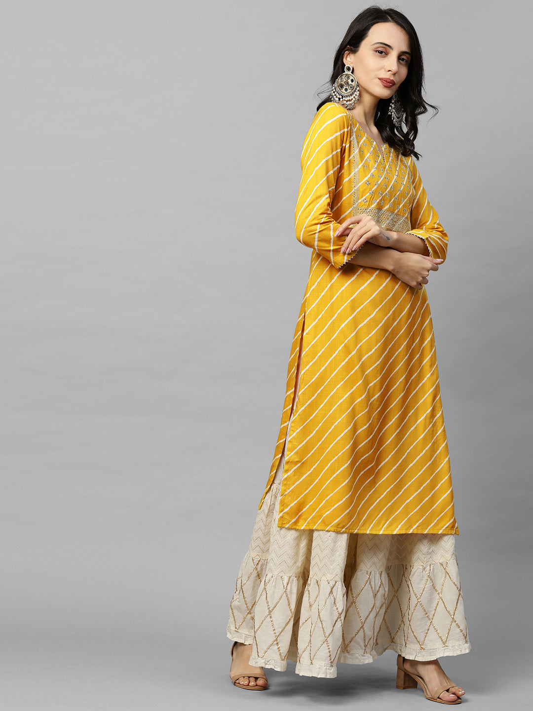 Leheriya Printed & Zari Embroidered Straight Kurta - Yellow