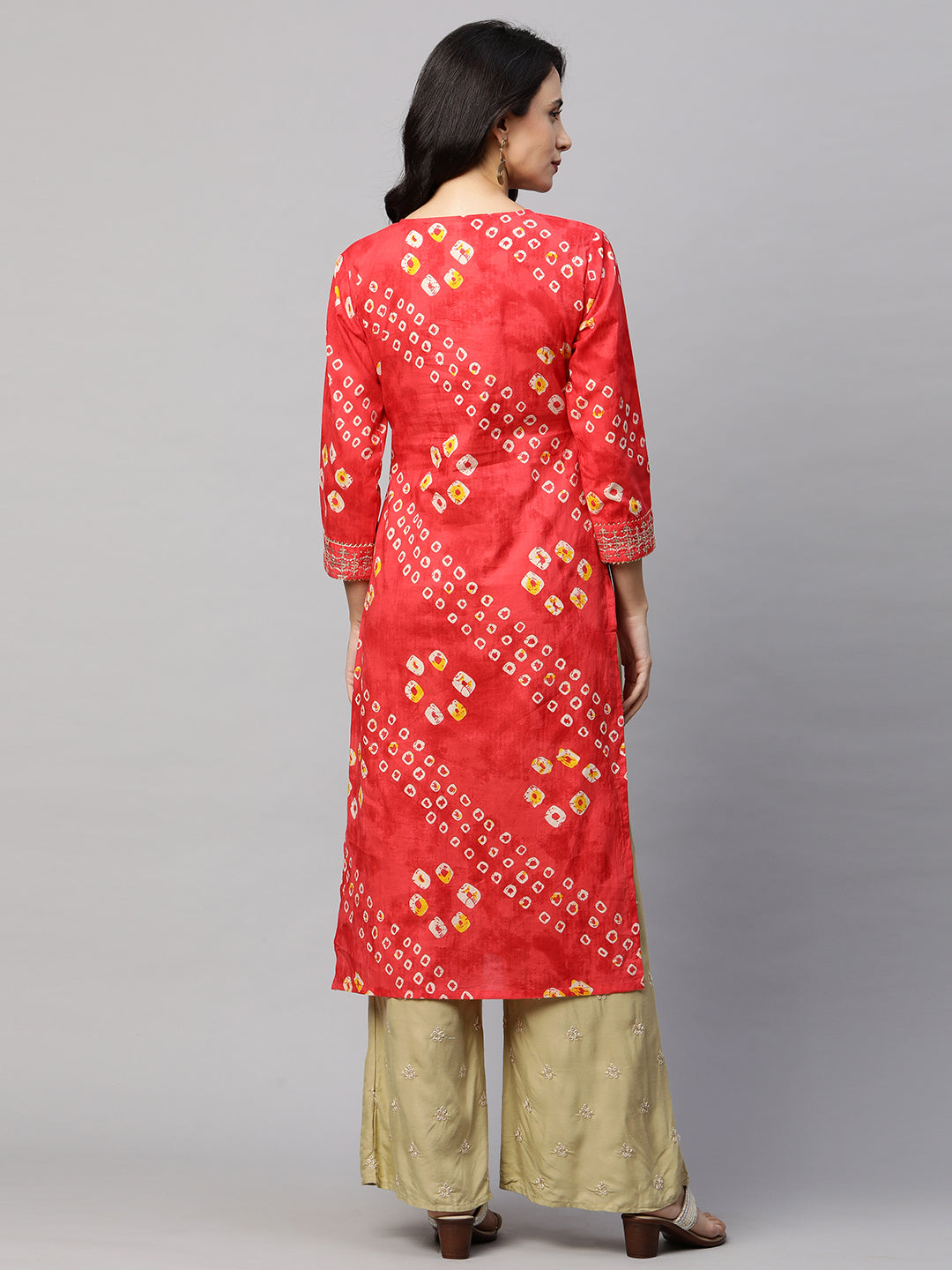 Bandhani Print & Sequins Embroidered Straight Kurta - Red