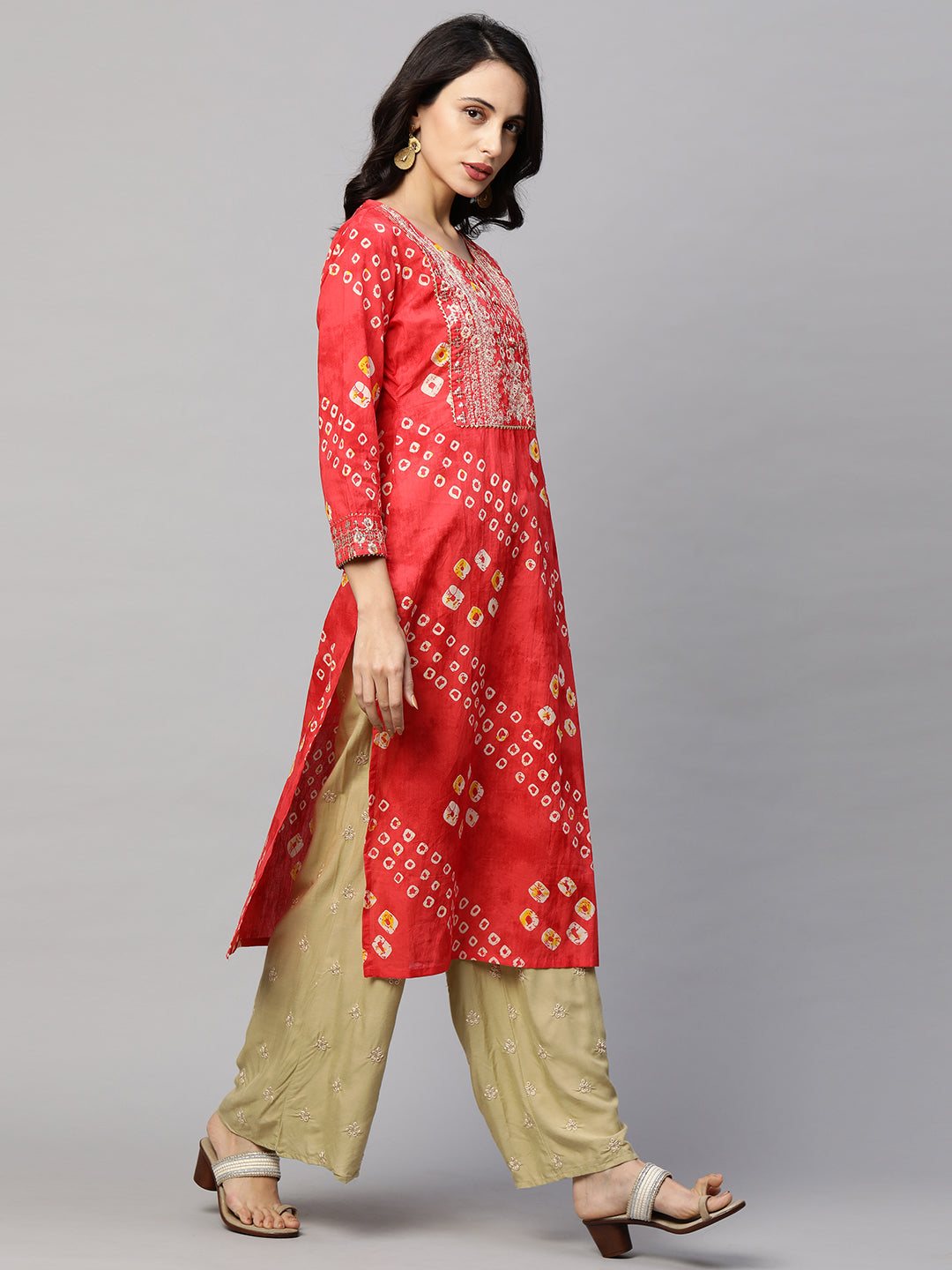 Bandhani Print & Sequins Embroidered Straight Kurta - Red