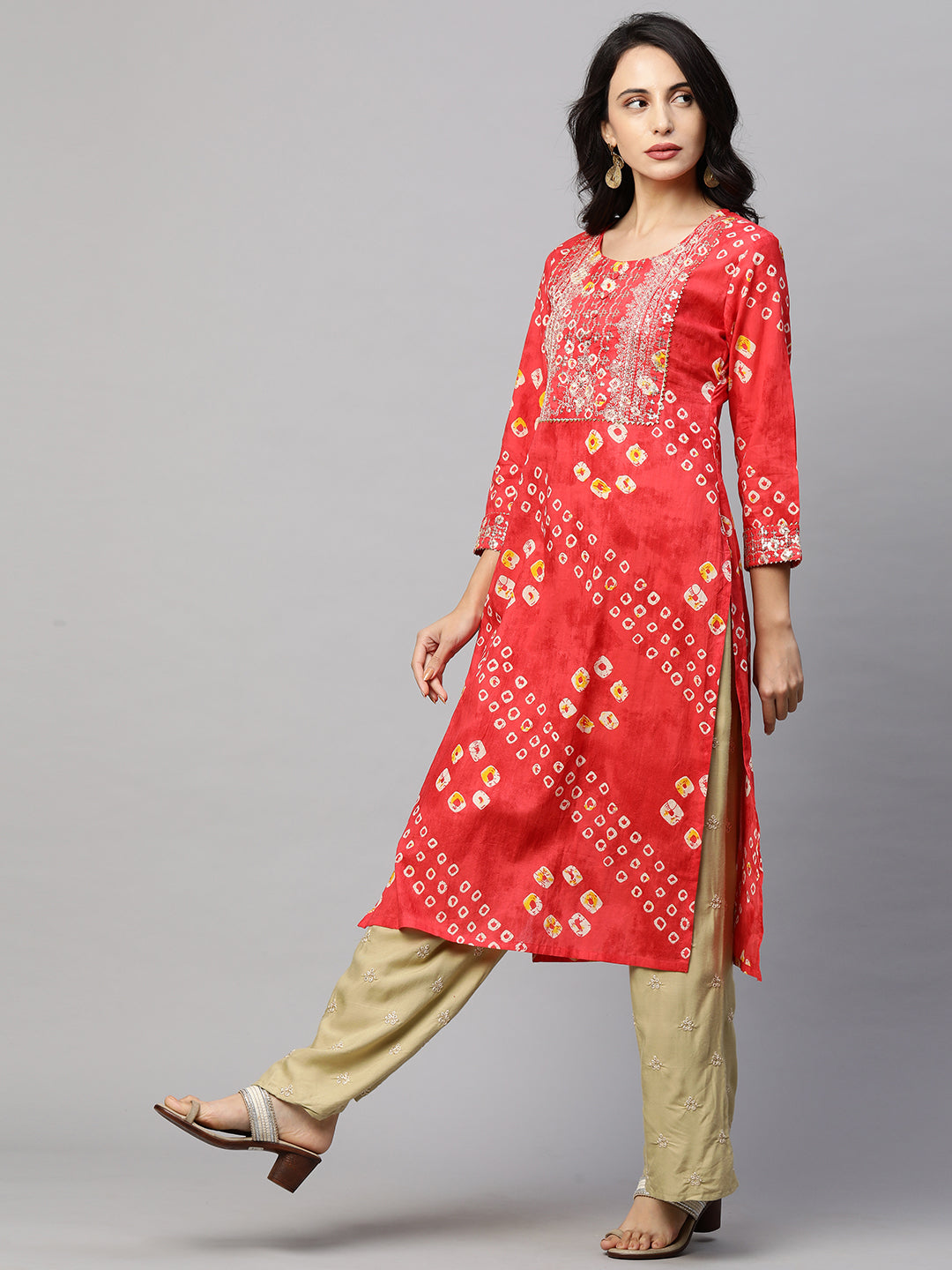 Bandhani Print & Sequins Embroidered Straight Kurta - Red